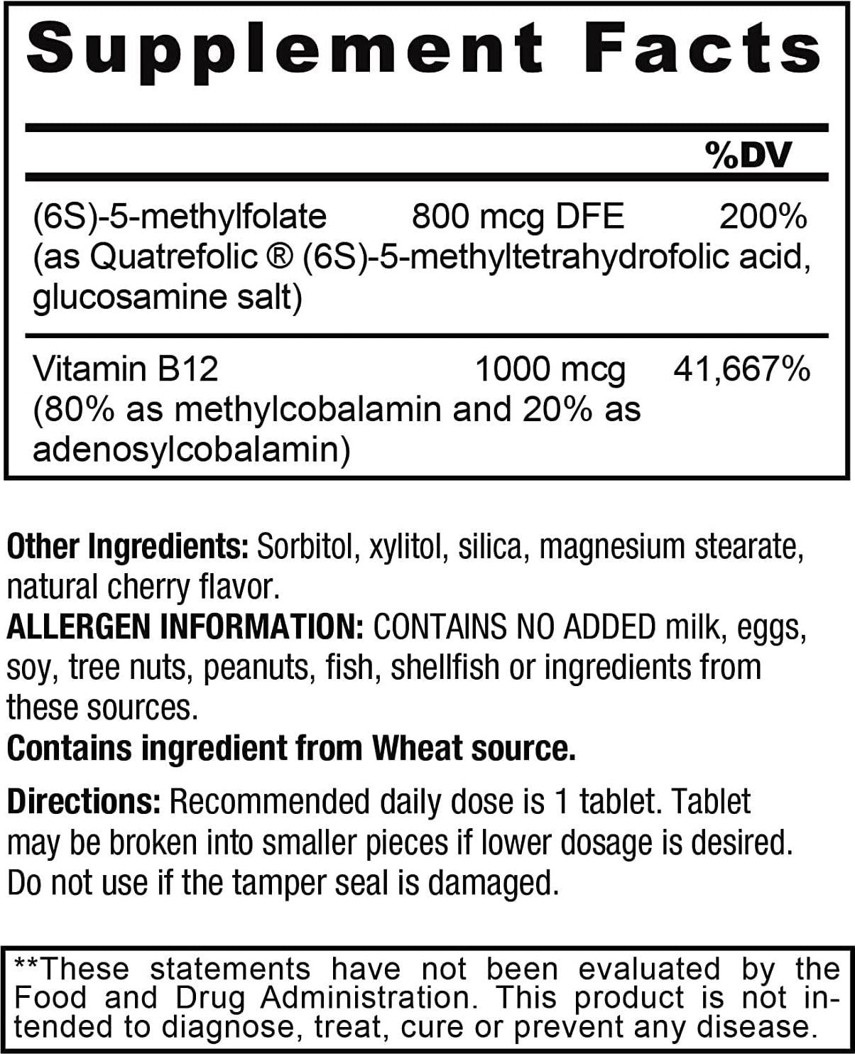 Activated B12 Folate Lozenges - Quatrefolic 800 mcg 5-MTHF - High Potency Methyl Folate B9 + 1000 mcg Vitamin B12 (Methyl B12 and Adenosyl B12) - Cherry Flavor 60 Lozenges