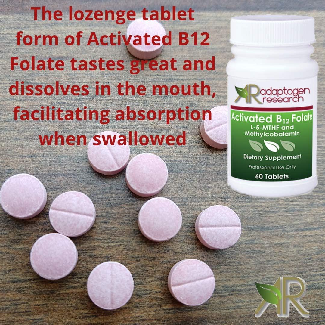 Activated B12 Folate Lozenges Formula | High Potency Methylcobalamin Metafolin Folate L-5-MTHF | Bioactive Forms Vitamin B12 and Folate | 60 Fast-Dissolving Tablets |Adaptogen Research