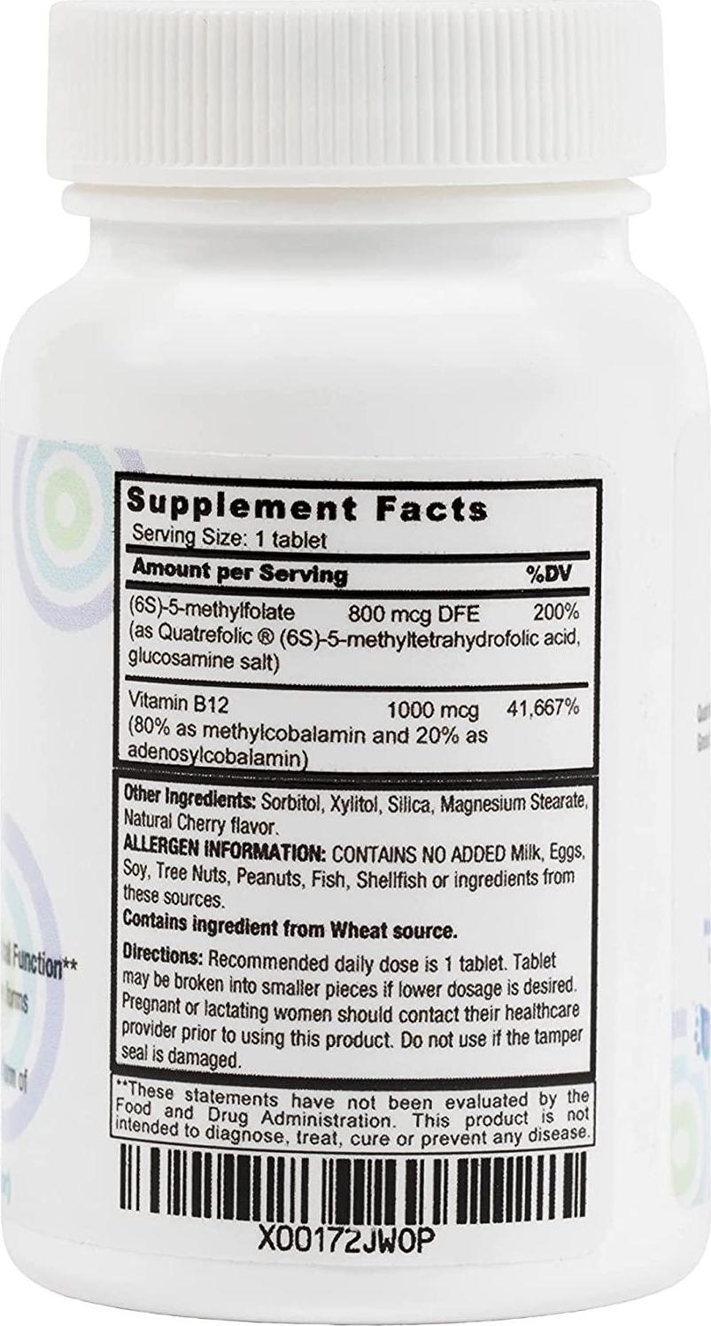 Activated B12 Folate Lozenges - Quatrefolic 800 mcg 5-MTHF - High Potency Methyl Folate B9 + 1000 mcg Vitamin B12 (Methyl B12 and Adenosyl B12) - Cherry Flavor 60 Lozenges
