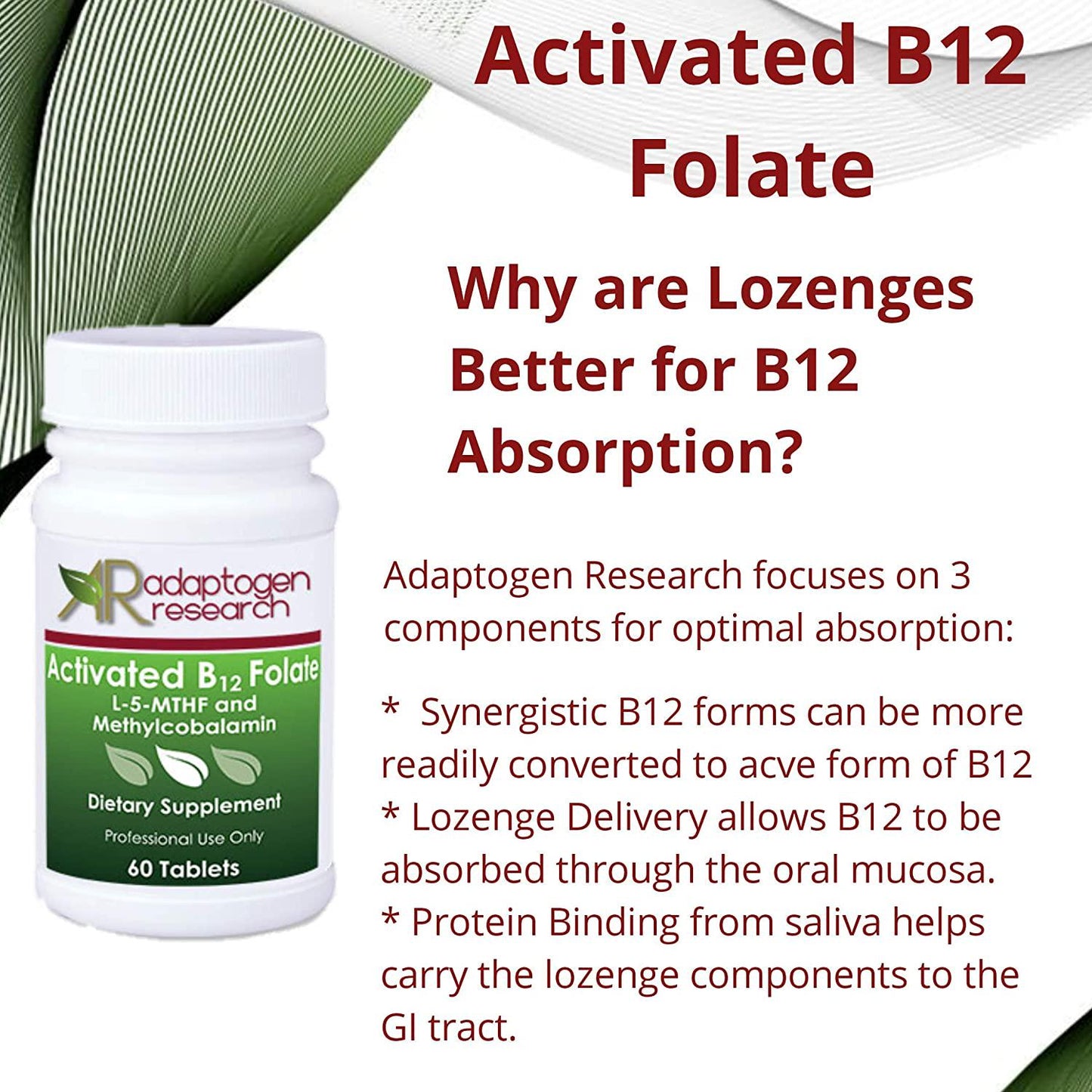 Activated B12 Folate Lozenges Formula | High Potency Methylcobalamin Metafolin Folate L-5-MTHF | Bioactive Forms Vitamin B12 and Folate | 60 Fast-Dissolving Tablets |Adaptogen Research