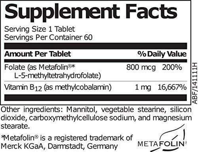 Activated B12 Folate Lozenges Formula | High Potency Methylcobalamin Metafolin Folate L-5-MTHF | Bioactive Forms Vitamin B12 and Folate | 60 Fast-Dissolving Tablets |Adaptogen Research