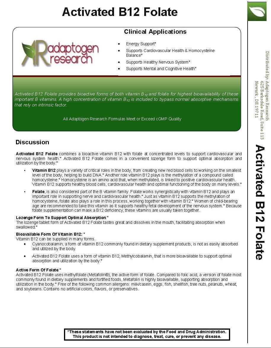 Activated B12 Folate Lozenges Formula | High Potency Methylcobalamin Metafolin Folate L-5-MTHF | Bioactive Forms Vitamin B12 and Folate | 60 Fast-Dissolving Tablets |Adaptogen Research