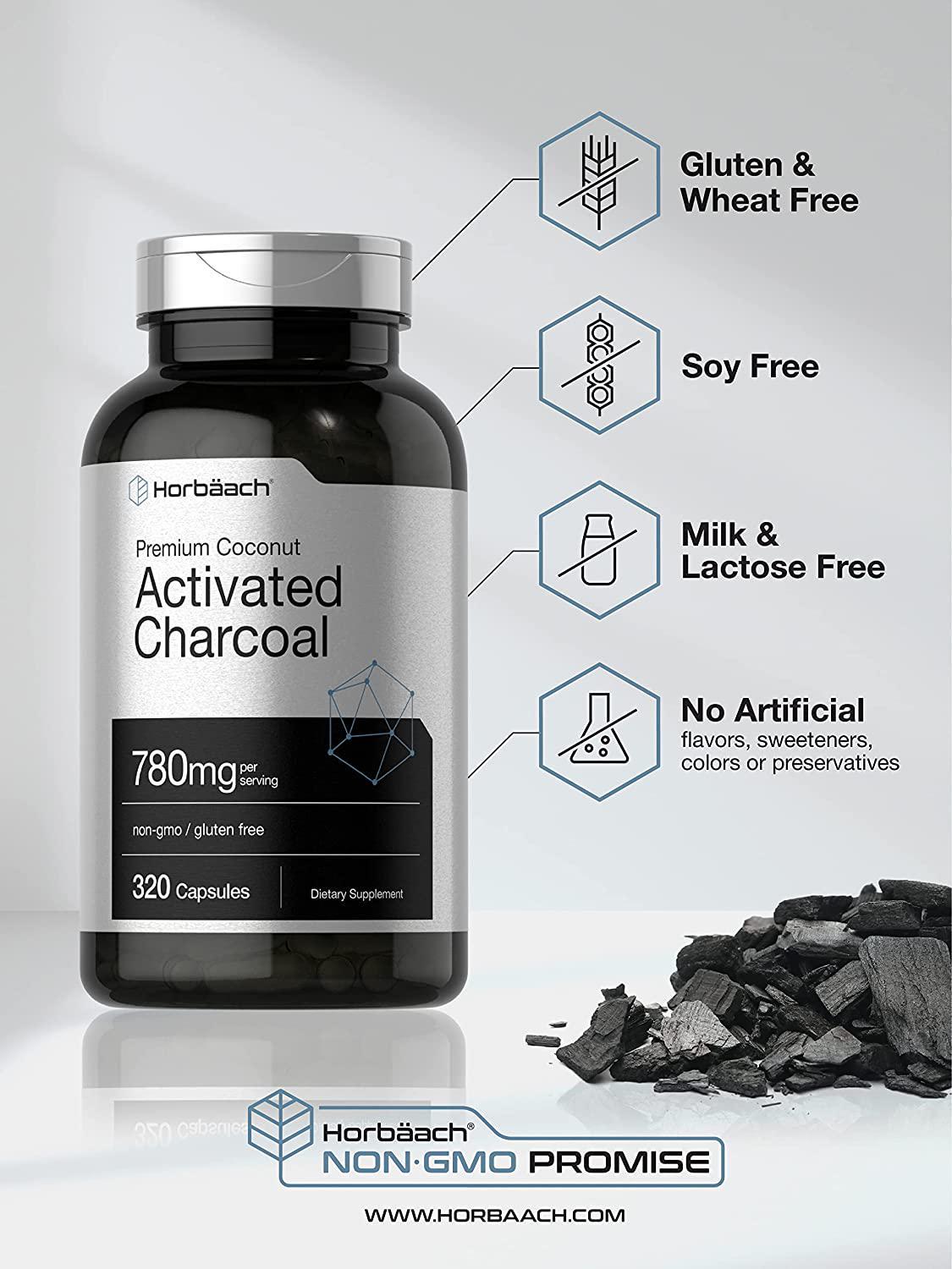 Activated Charcoal 780mg | 320 Capsules | from Coconut Shells | Non-GMO and Gluten Free Pills | by Horbaach