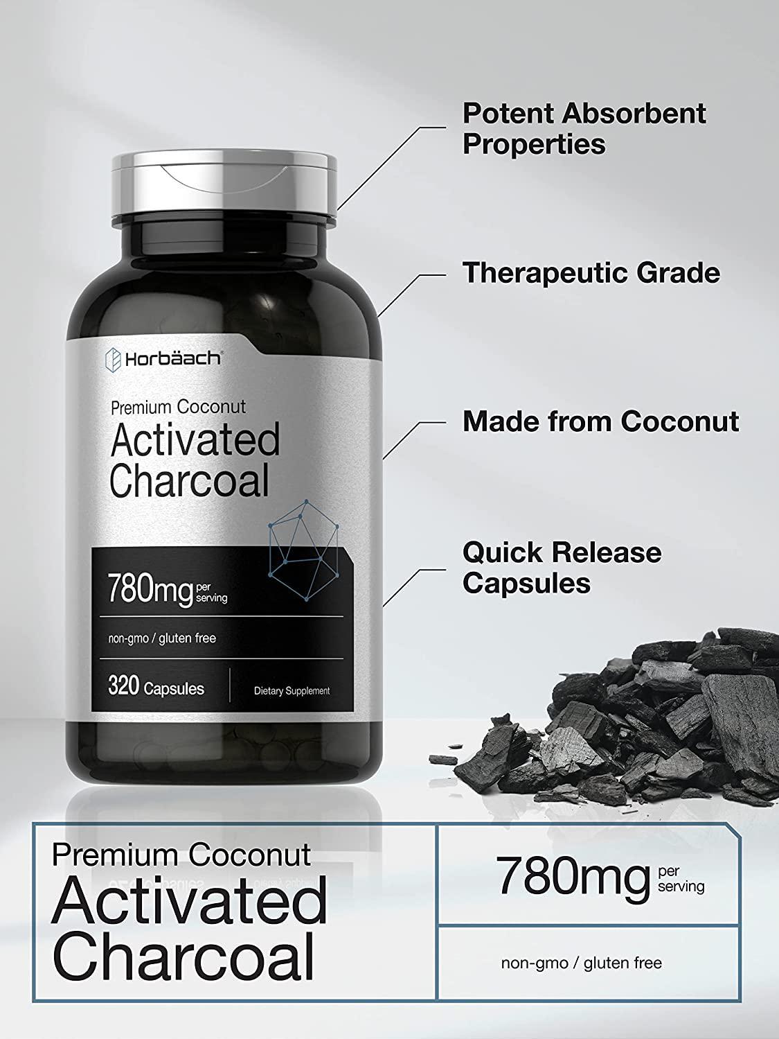 Activated Charcoal 780mg | 320 Capsules | from Coconut Shells | Non-GMO and Gluten Free Pills | by Horbaach