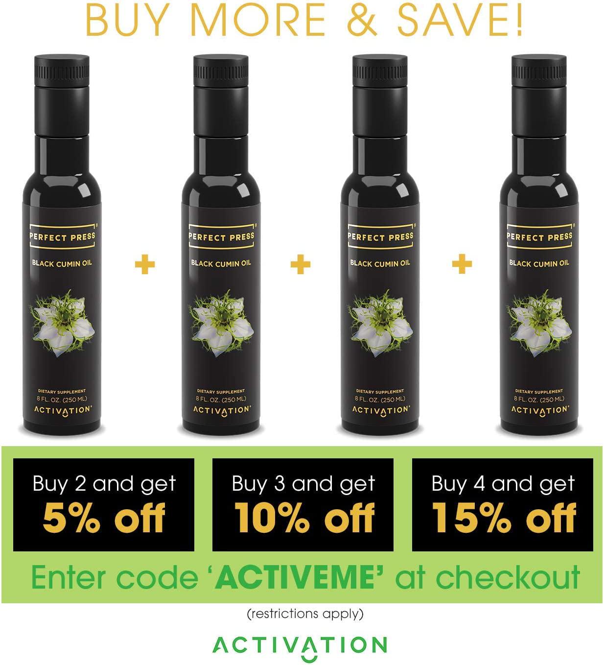 Activation Products, Perfect Press Black Cumin Seed Oil Vegan, Organic and Gluten Free Pure Nigella Sativa - Digestive Support, Immune System Booster, Loaded with Vitamins B1 B2 B3, 250ml