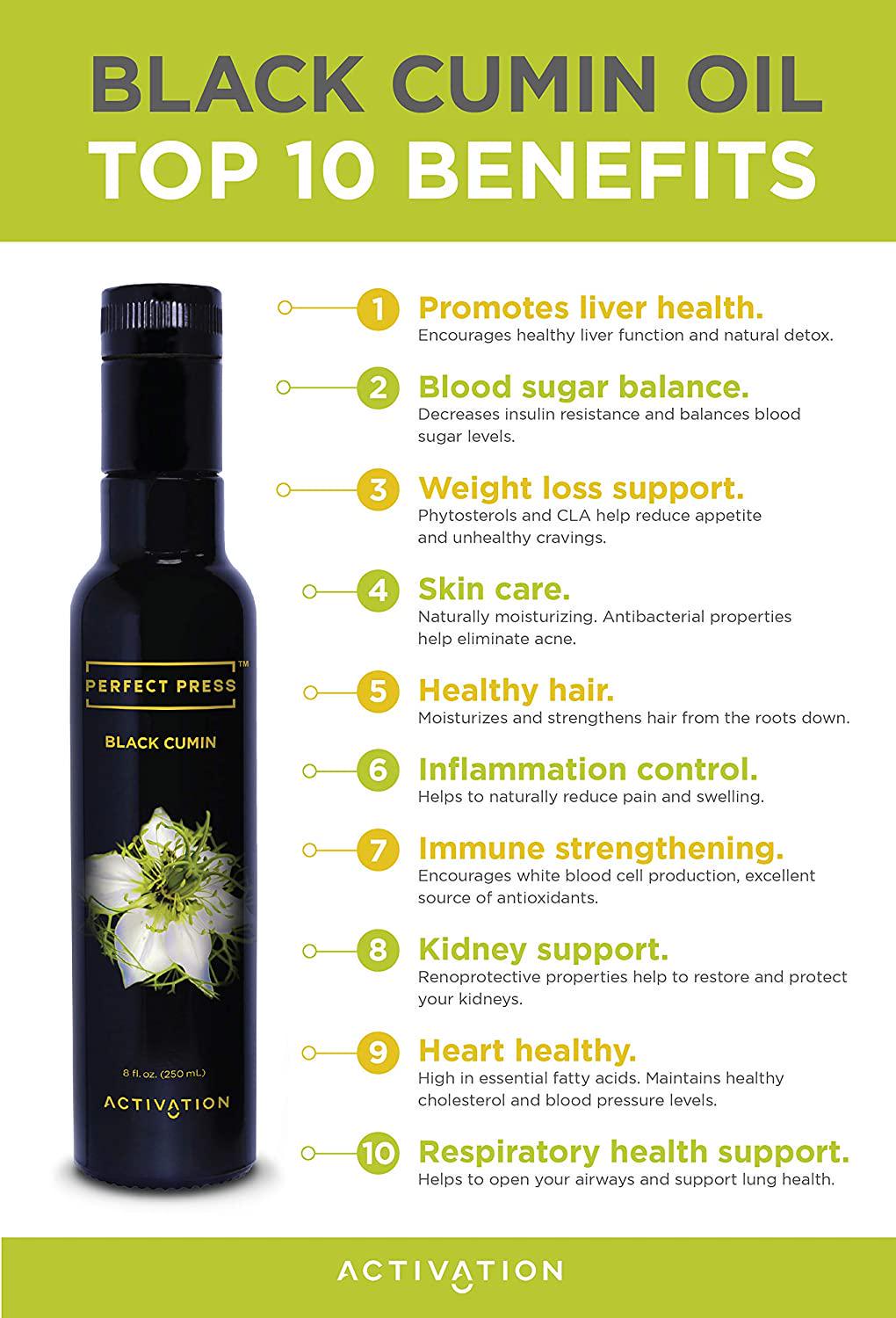 Activation Products, Perfect Press Black Cumin Seed Oil Vegan, Organic and Gluten Free Pure Nigella Sativa - Digestive Support, Immune System Booster, Loaded with Vitamins B1 B2 B3, 250ml