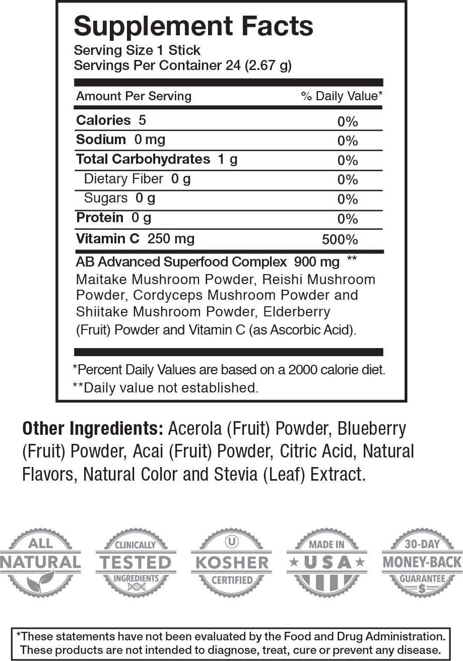 ActiveBlendz Defend with Superfood Mushroom Blend, Vitamin C Fortified Antioxidants Elderberry, Acai Cherries, for Daily Immune Support and Wellness, Instant Natural Fruit Flavor Beverage, 24 ct