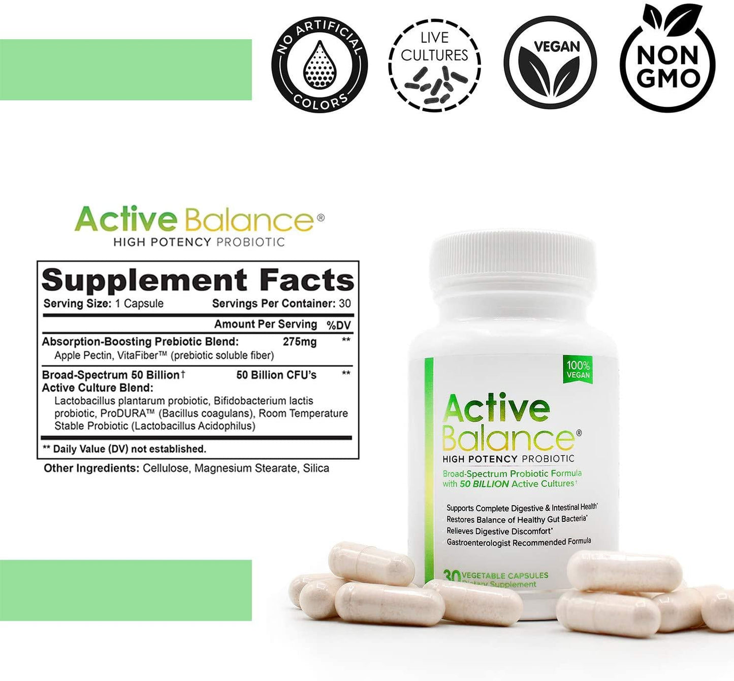 Active Balance (2 bottles) - Clinical Strength Probiotic supplement containing 50 billion CFU's (30 Capsules per Bottle)