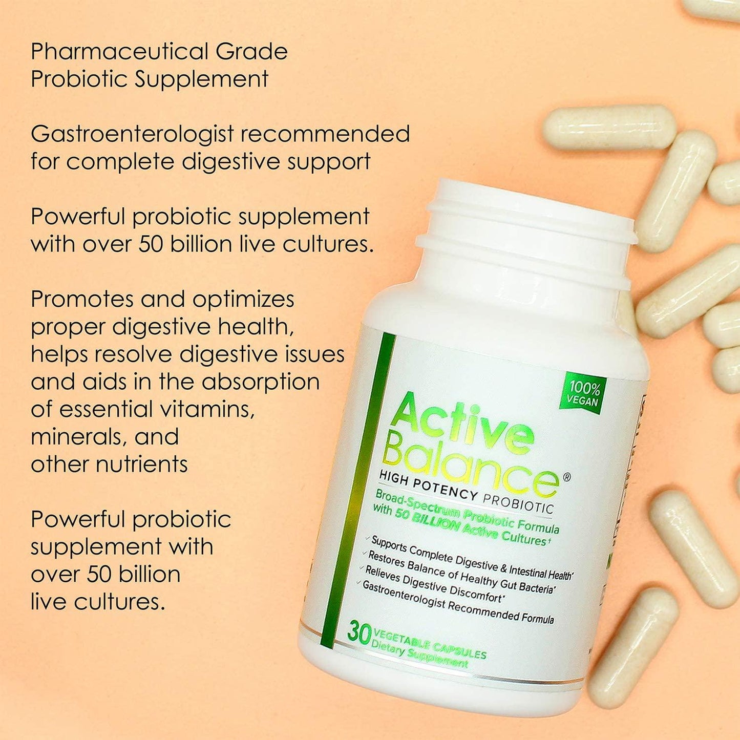 Active Balance (2 bottles) - Clinical Strength Probiotic supplement containing 50 billion CFU's (30 Capsules per Bottle)