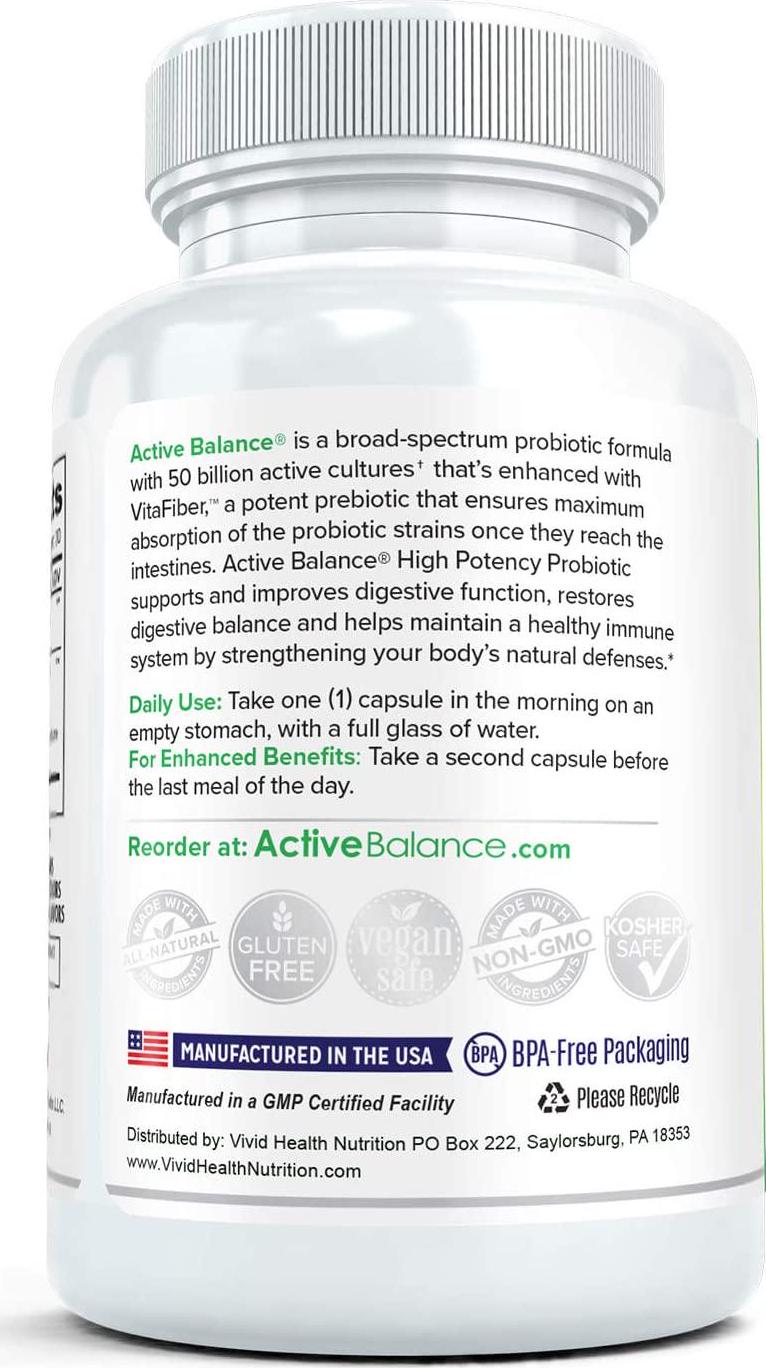 Active Balance: Maximum Strength Acidophilus Probiotics with Prebiotics | Digestive Enzymes with 50 Billion CFUs, Shelf Stable, Acid and Bile Resistant for Optimal Gut Health, 3 Bottles, 30 Caps Each