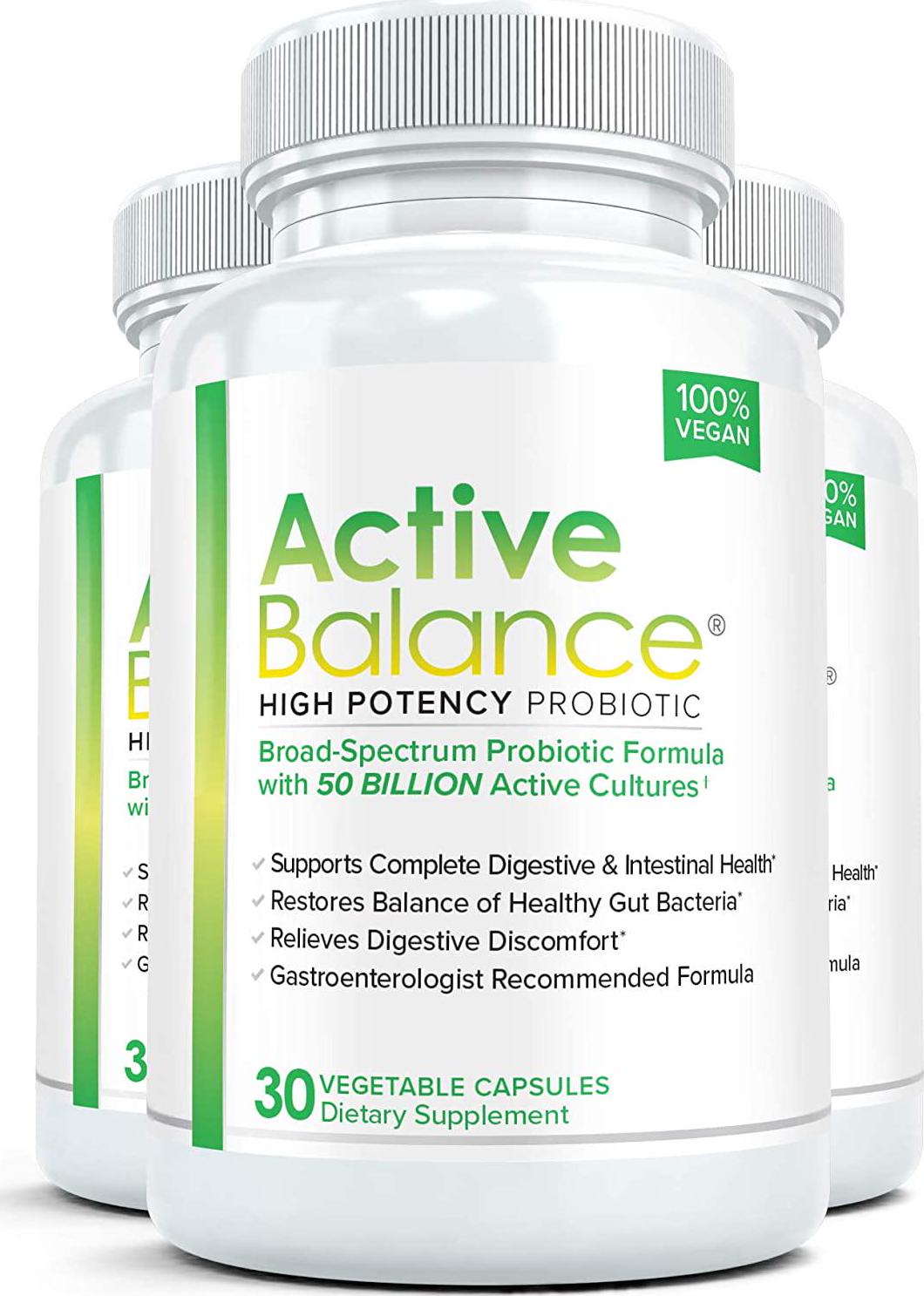 Active Balance: Maximum Strength Acidophilus Probiotics with Prebiotics | Digestive Enzymes with 50 Billion CFUs, Shelf Stable, Acid and Bile Resistant for Optimal Gut Health, 3 Bottles, 30 Caps Each