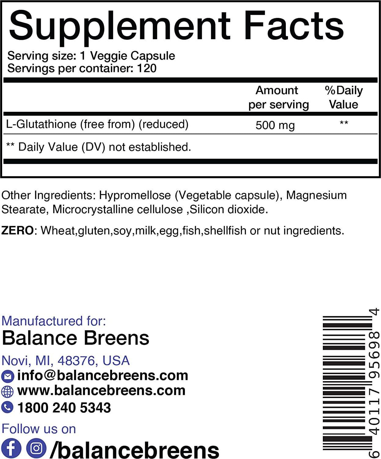 Active Form (Reduced) Glutathione Supplement - 500mg - 120 Vegan Capsules - L-Glutathione GSH Supports Cardiovascular Health, Antioxidant Support, Liver Detox, Skin Whitening