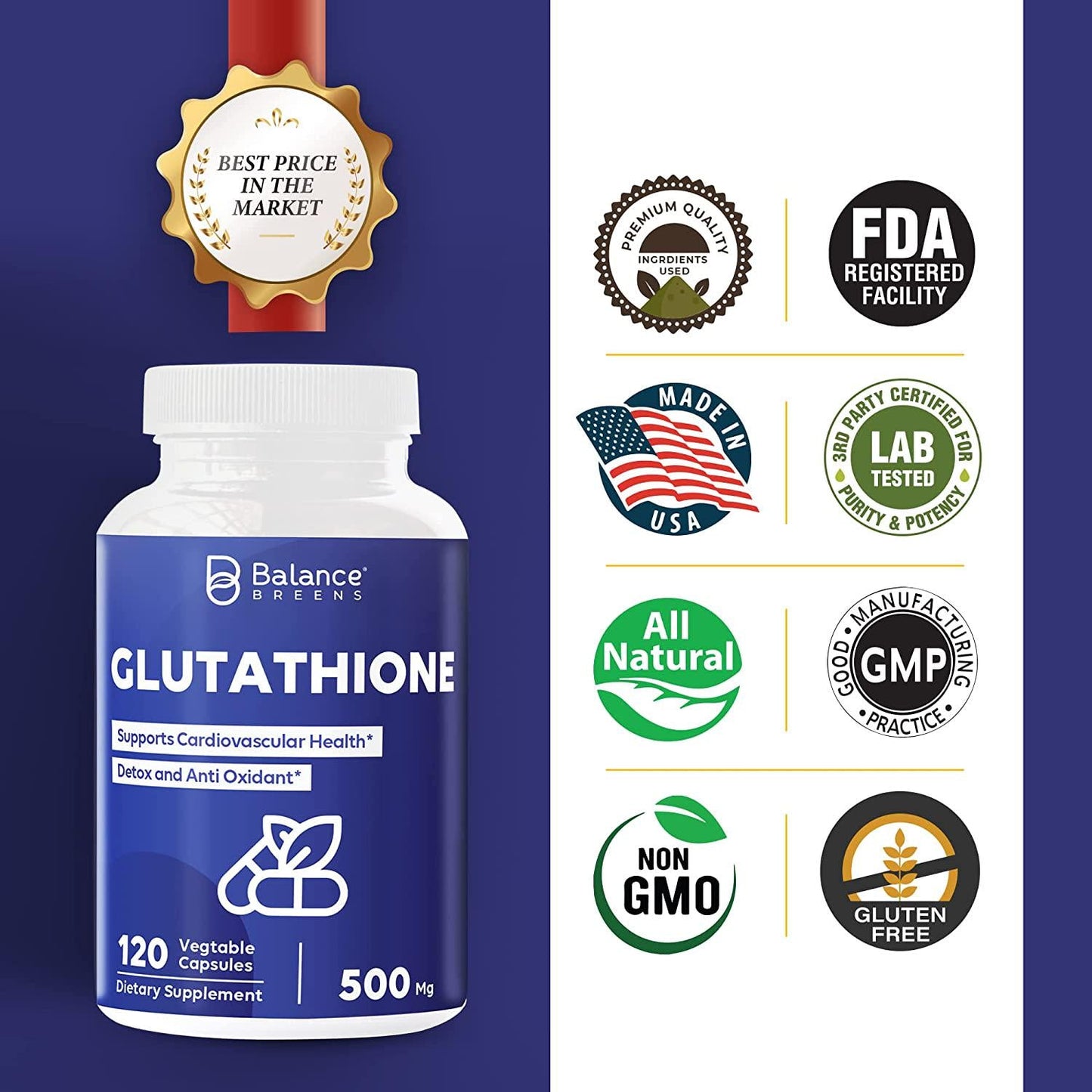 Active Form (Reduced) Glutathione Supplement - 500mg - 120 Vegan Capsules - L-Glutathione GSH Supports Cardiovascular Health, Antioxidant Support, Liver Detox, Skin Whitening