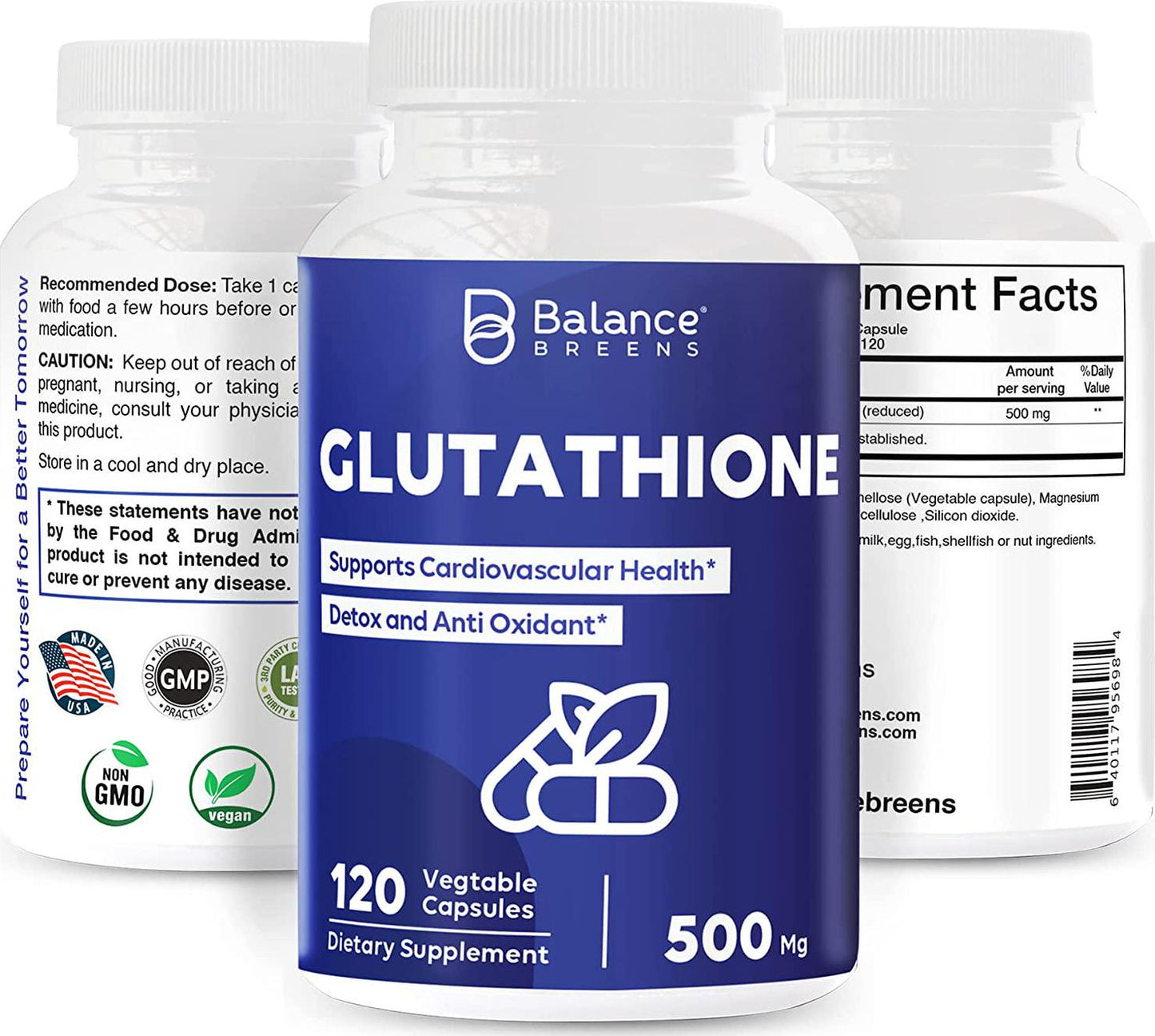 Active Form (Reduced) Glutathione Supplement - 500mg - 120 Vegan Capsules - L-Glutathione GSH Supports Cardiovascular Health, Antioxidant Support, Liver Detox, Skin Whitening
