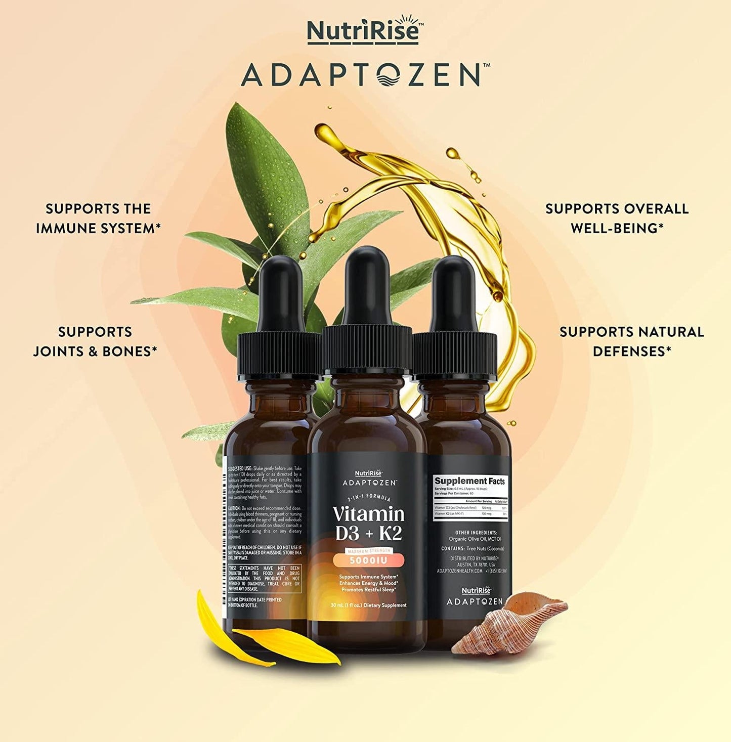 AdaptoZen Vitamin D3 + K2 Drops - 5000 IU: Support for Energy, Well-Being, Immunity and Joint Comfort, Vegetarian, Gluten-Free Formula for Men and Women + MCT Oil in Partnership with Michael Beckwith