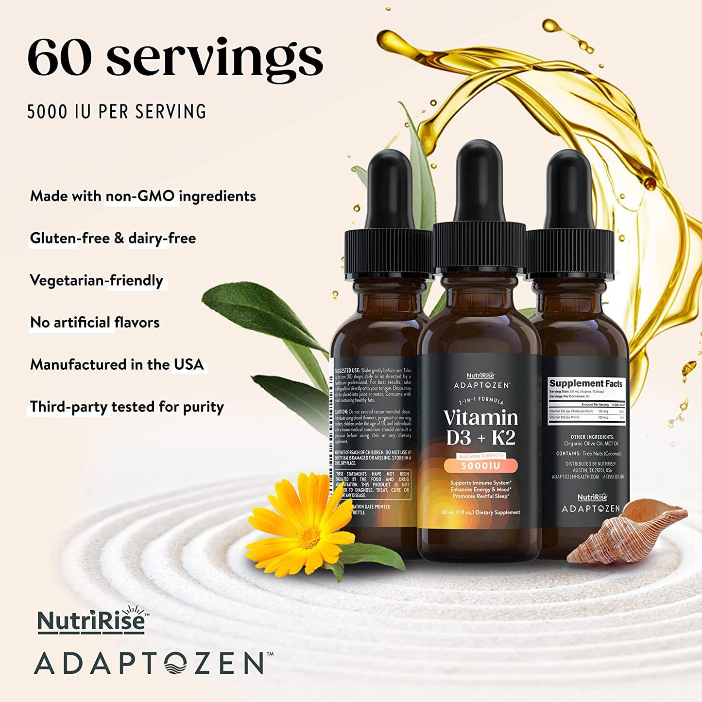 AdaptoZen Vitamin D3 + K2 Drops - 5000 IU: Support for Energy, Well-Being, Immunity and Joint Comfort, Vegetarian, Gluten-Free Formula for Men and Women + MCT Oil in Partnership with Michael Beckwith