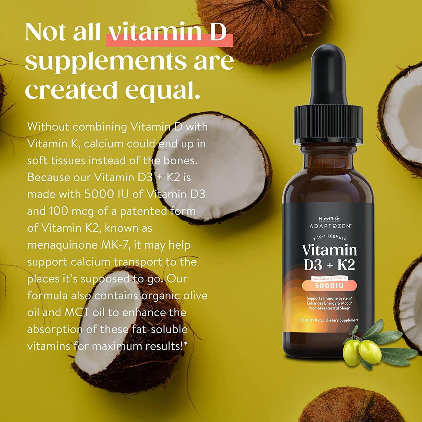 AdaptoZen Vitamin D3 + K2 Drops - 5000 IU: Support for Energy, Well-Being, Immunity and Joint Comfort, Vegetarian, Gluten-Free Formula for Men and Women + MCT Oil in Partnership with Michael Beckwith