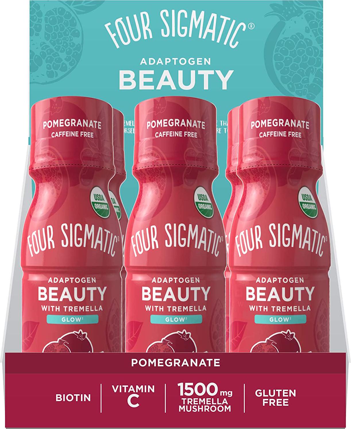 Adaptogen Beauty Shot by Four Sigmatic | Tremella Powder Infused | Organic Vitamin C with Zinc Drink | Vegan Collagen Booster | Natural Pomegranate Blueberry Flavor | 6 Count Biotin Supplement Shot
