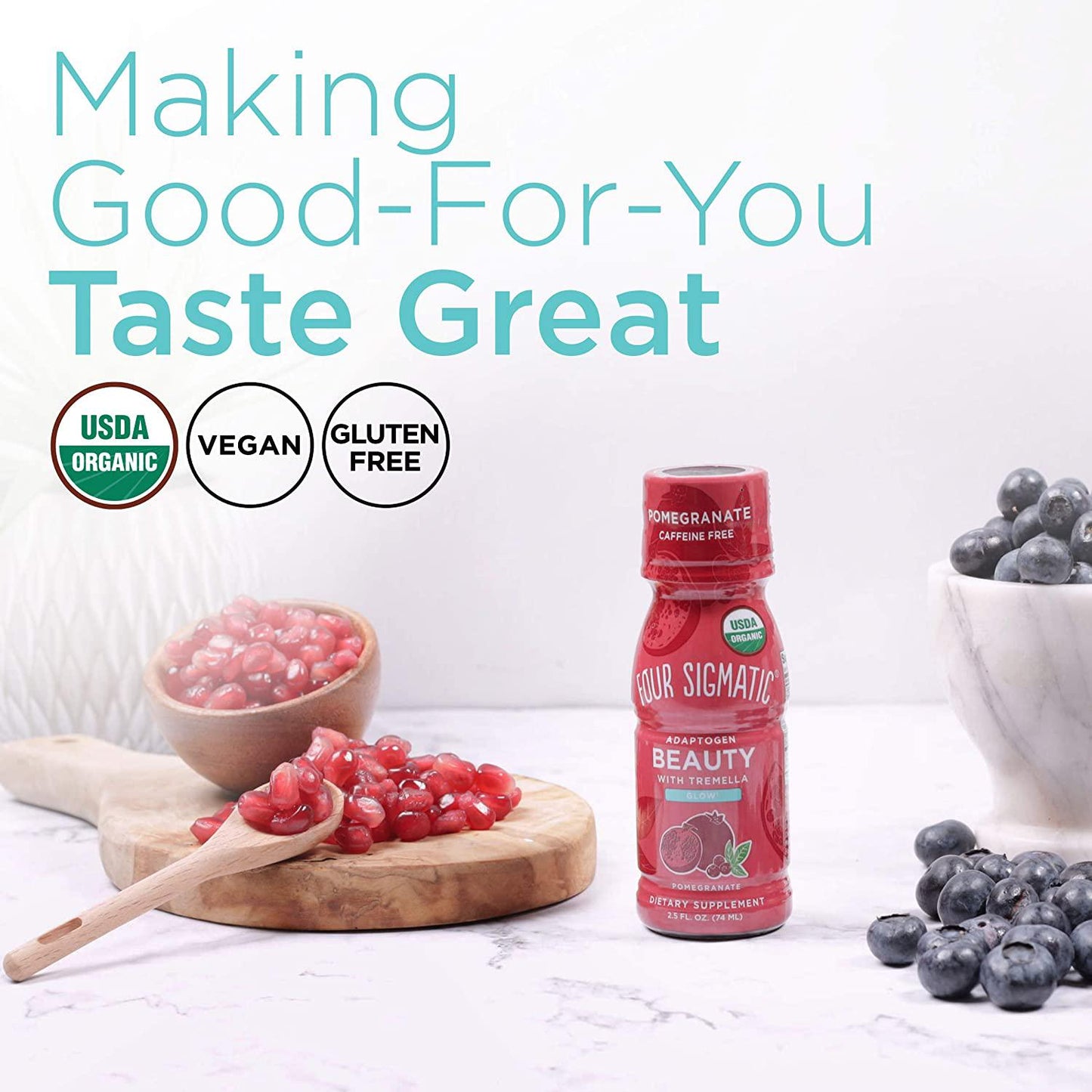 Adaptogen Beauty Shot by Four Sigmatic | Tremella Powder Infused | Organic Vitamin C with Zinc Drink | Vegan Collagen Booster | Natural Pomegranate Blueberry Flavor | 6 Count Biotin Supplement Shot