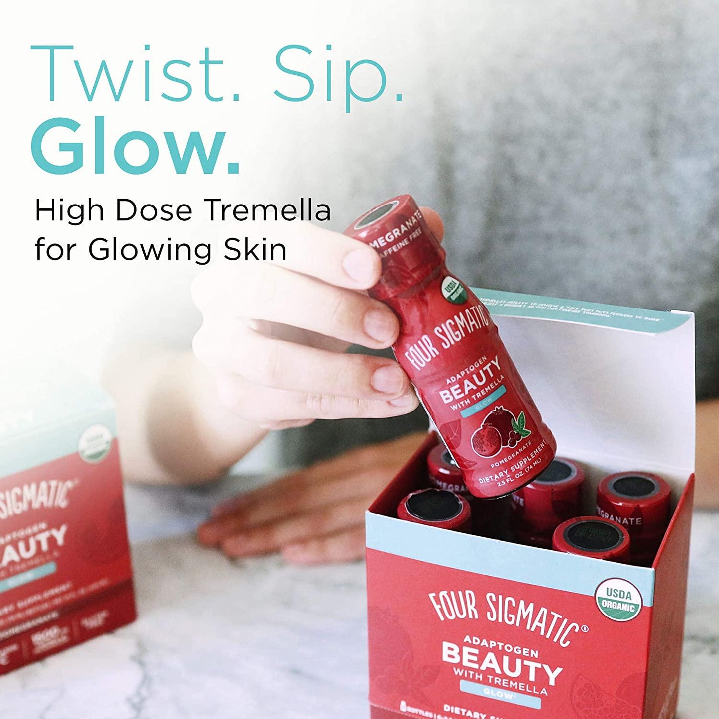 Adaptogen Beauty Shot by Four Sigmatic | Tremella Powder Infused | Organic Vitamin C with Zinc Drink | Vegan Collagen Booster | Natural Pomegranate Blueberry Flavor | 6 Count Biotin Supplement Shot