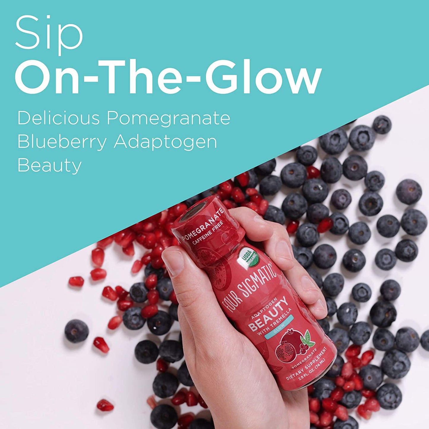 Adaptogen Beauty Shot by Four Sigmatic | Tremella Powder Infused | Organic Vitamin C with Zinc Drink | Vegan Collagen Booster | Natural Pomegranate Blueberry Flavor | 6 Count Biotin Supplement Shot