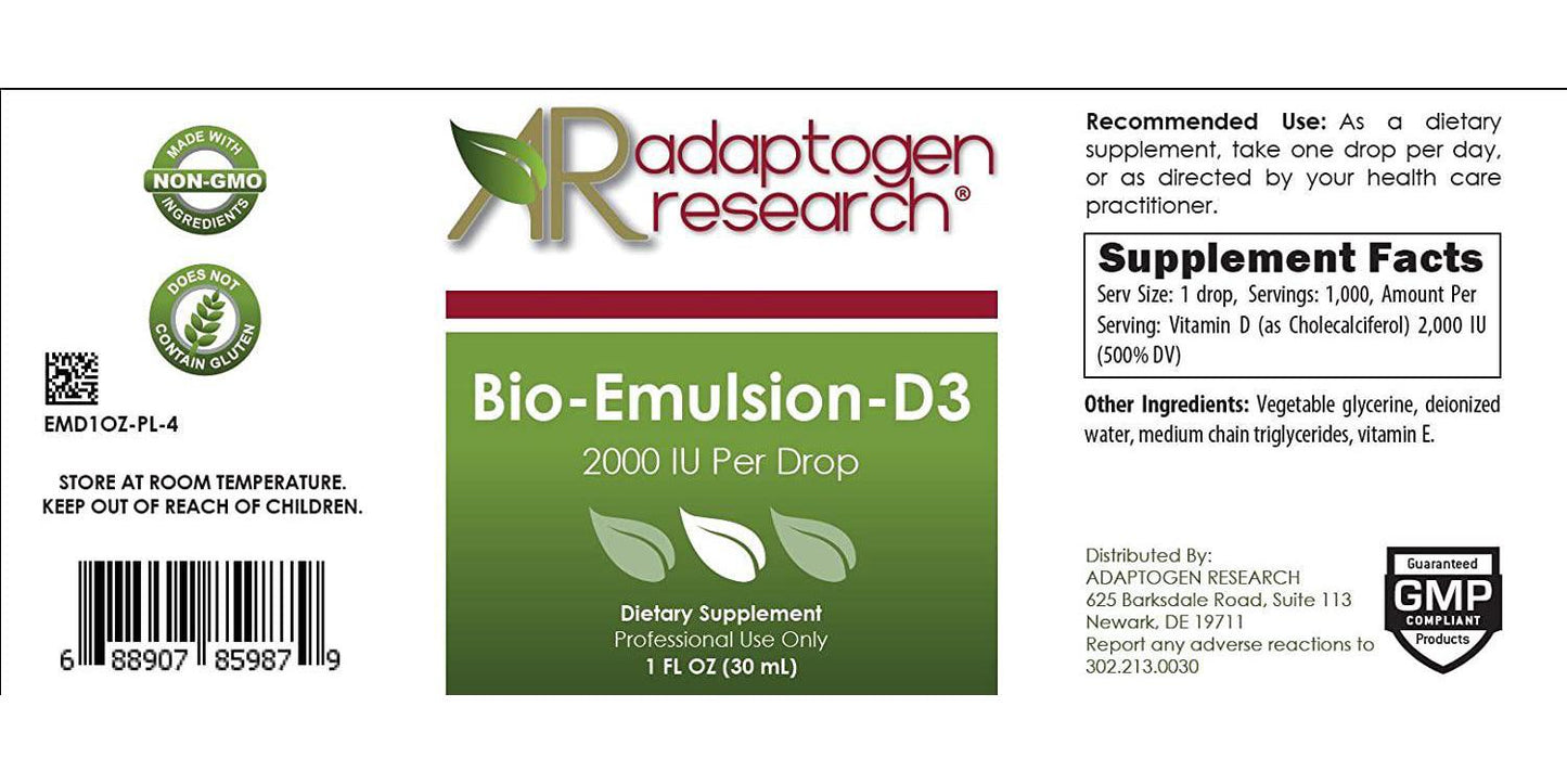 Adaptogen Research - Bio-Emulsion-D3 - 2000IU Per Drop Emulsified Liquid Vitamin D - 1fl oz