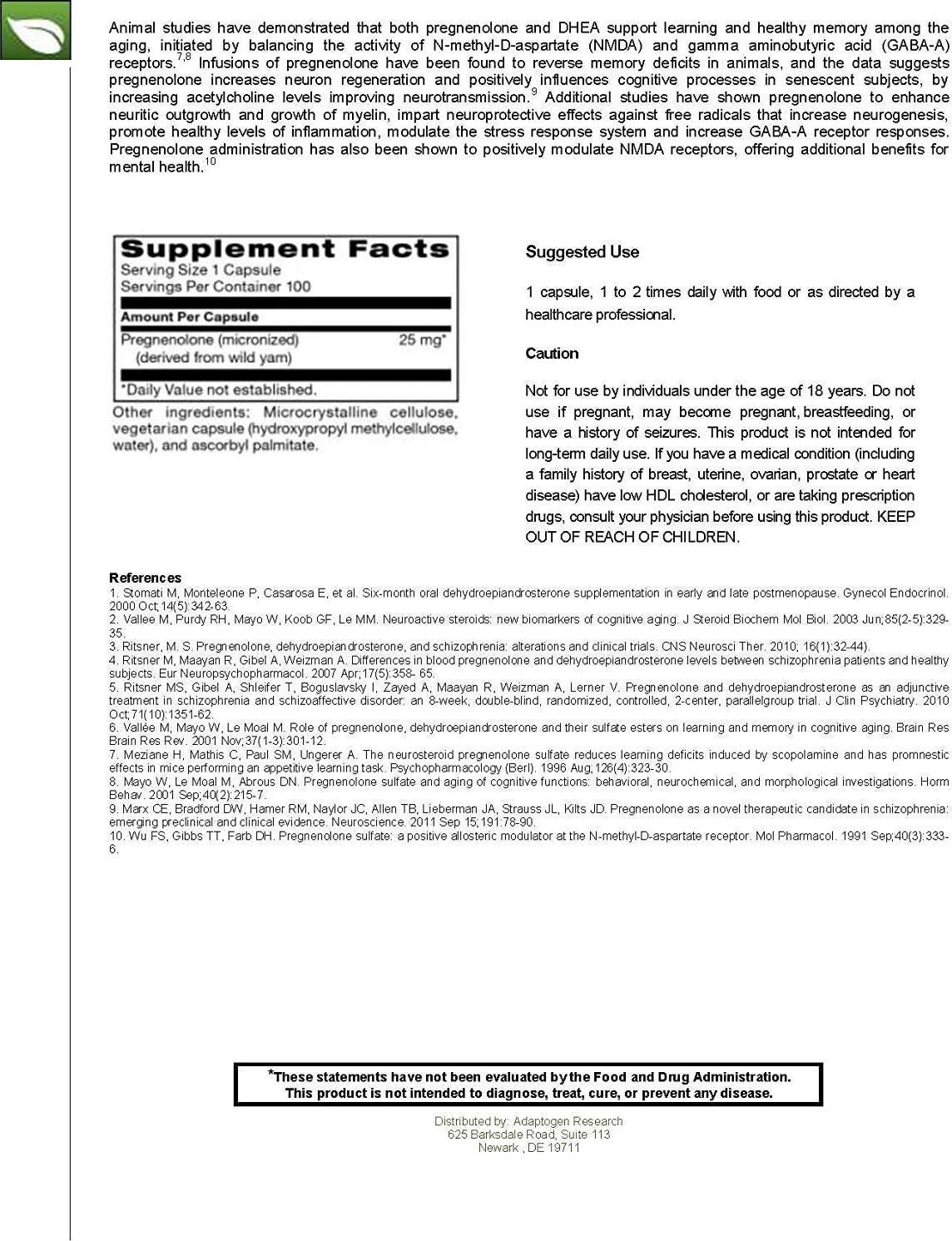 Adaptogen Research Pregnenolone 25mg Micronized Form Derived from Wild Yam | Highly Bioavailable and Micronized for Superior Absorption | Hypoallergenic | 100 Vegetarian Capsules