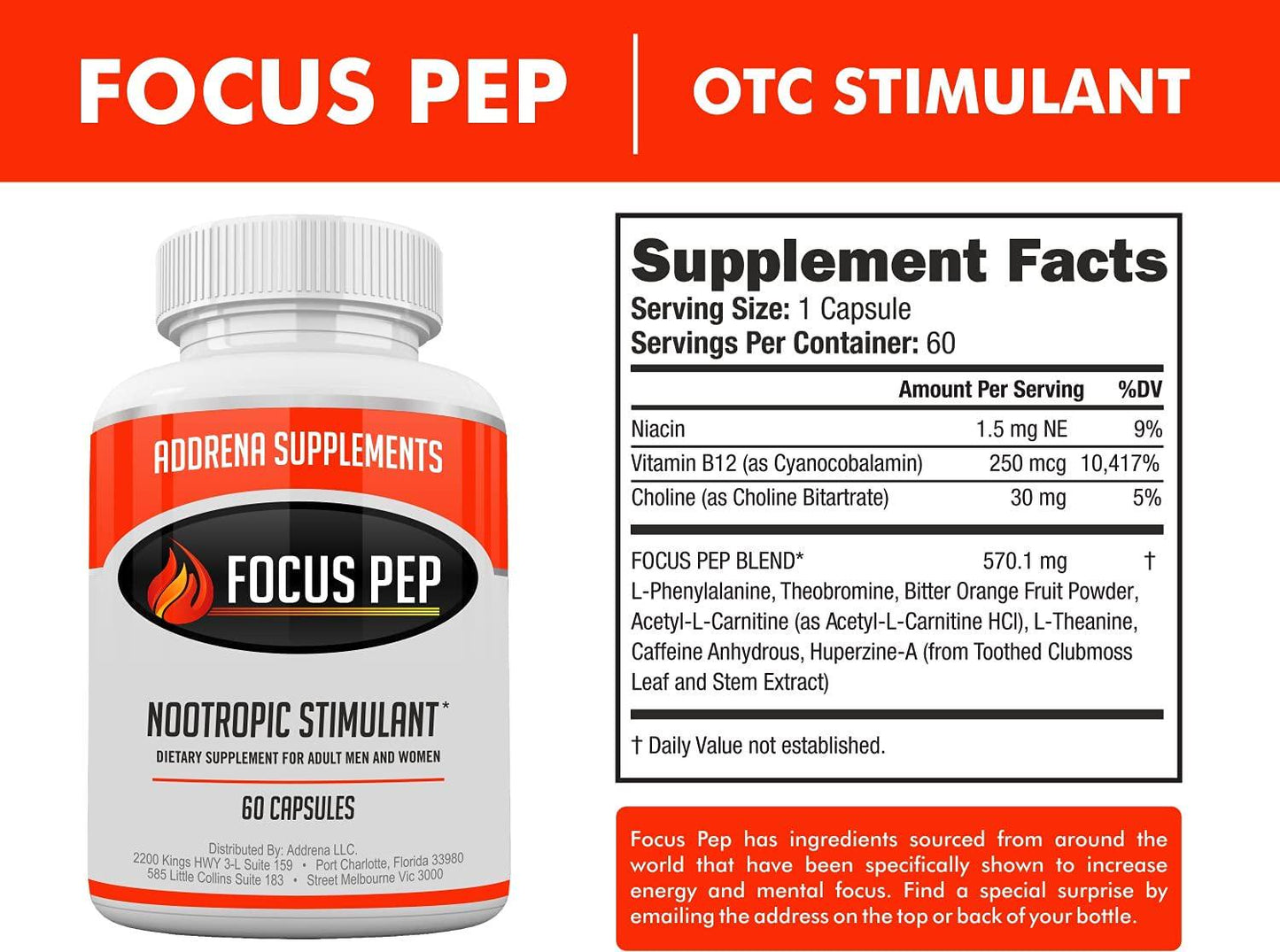 Addrena Focus Pep OTC Stimulants Brain Boosting Dietary Supplement, 1207 mg, 60 Pills