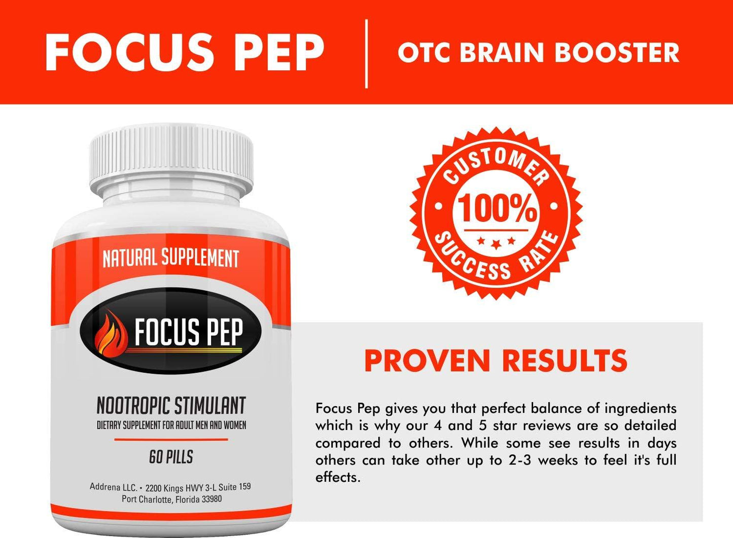 Addrena Focus Pep OTC Stimulants Brain Boosting Dietary Supplement, 1207 mg, 60 Pills