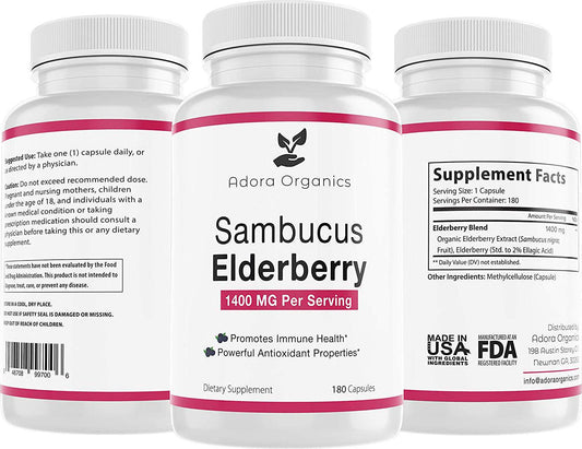 Adora Organics Sambucus Elderberry - 1400mg - 180 Capsules - Immune Support and Antioxidants