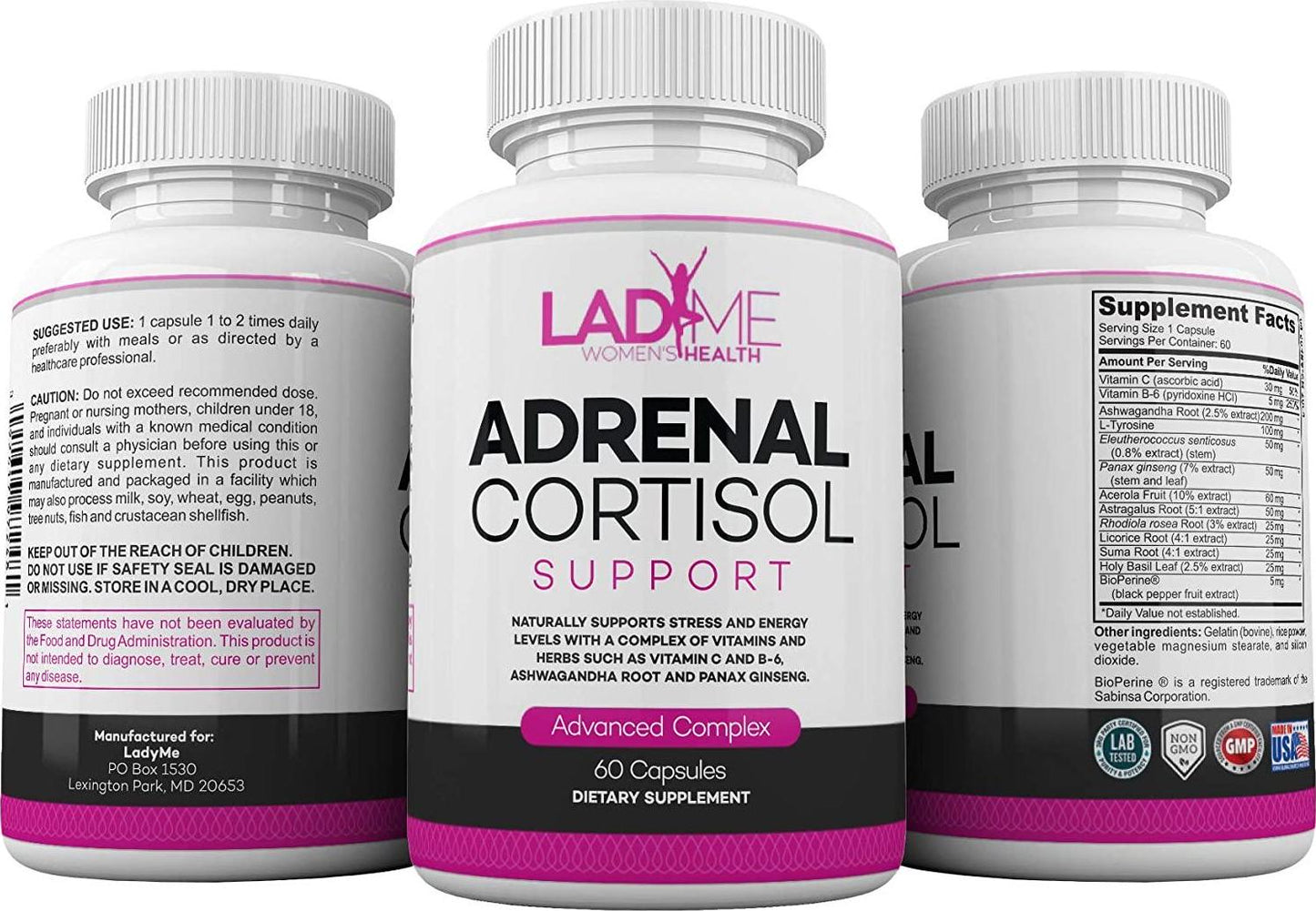 Adrenal Support Cortisol Manager Stress and Anxiety Relief Mood Support Boost Vitamin C, B6 Ashwagandha Root and L-TYROSINE Fatigue Supplement Specially Designed for Women by Ladyme 60 Capsules