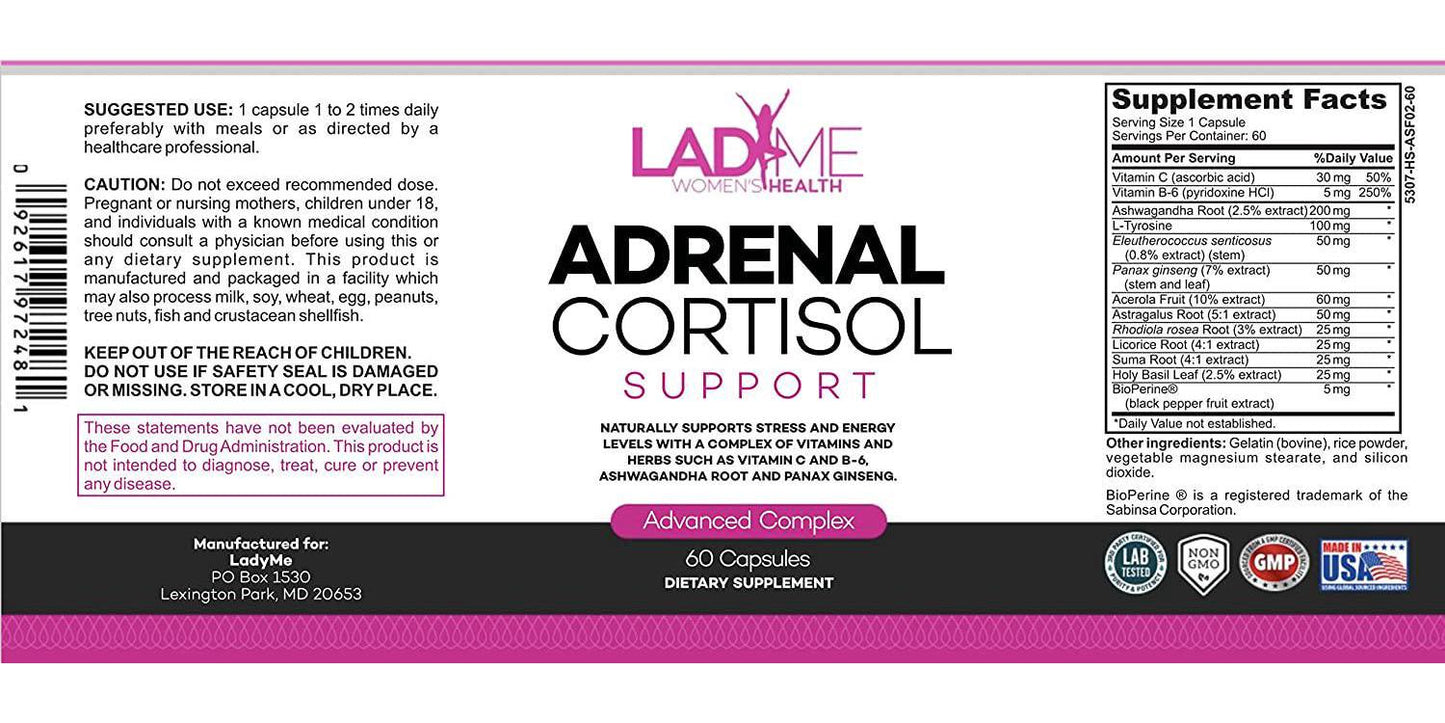 Adrenal Support Cortisol Manager Stress and Anxiety Relief Mood Support Boost Vitamin C, B6 Ashwagandha Root and L-TYROSINE Fatigue Supplement Specially Designed for Women by Ladyme 60 Capsules