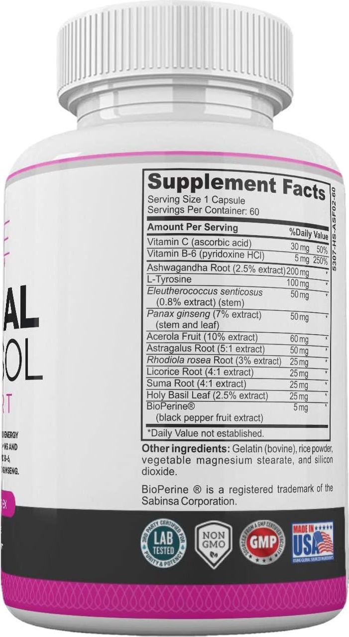Adrenal Support Cortisol Manager Stress and Anxiety Relief Mood Support Boost Vitamin C, B6 Ashwagandha Root and L-TYROSINE Fatigue Supplement Specially Designed for Women by Ladyme 60 Capsules