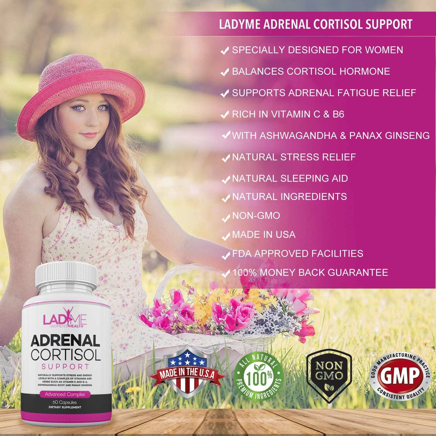 Adrenal Support Cortisol Manager Stress and Anxiety Relief Mood Support Boost Vitamin C, B6 Ashwagandha Root and L-TYROSINE Fatigue Supplement Specially Designed for Women by Ladyme 60 Capsules