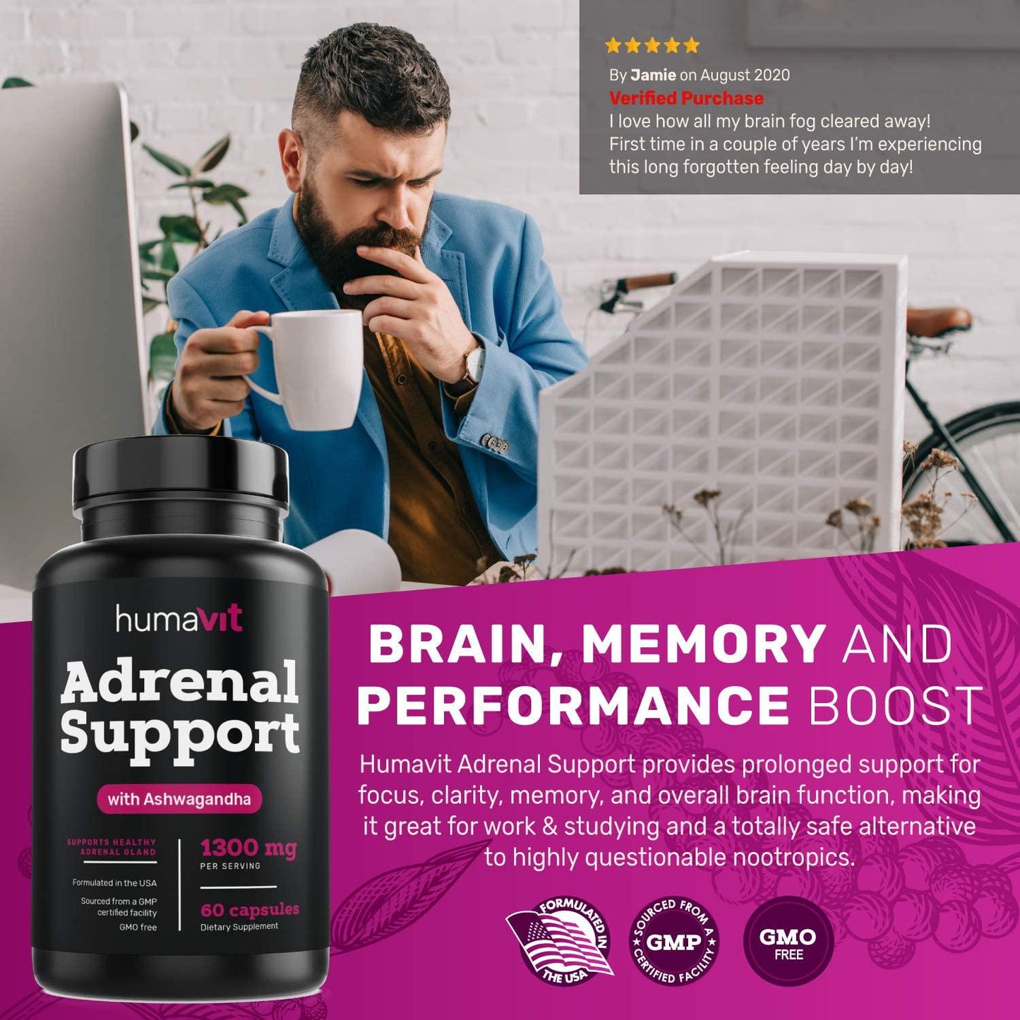Adrenal Support and Cortisol Manager for Adrenal Fatigue, Stress Relief, Anxiety, Focus, Brain Fog with Ashwagandha Rhodiola Rosea, Ginseng, L-Tyrosine and More Adaptogen Blend 60 Non GMO Capsules