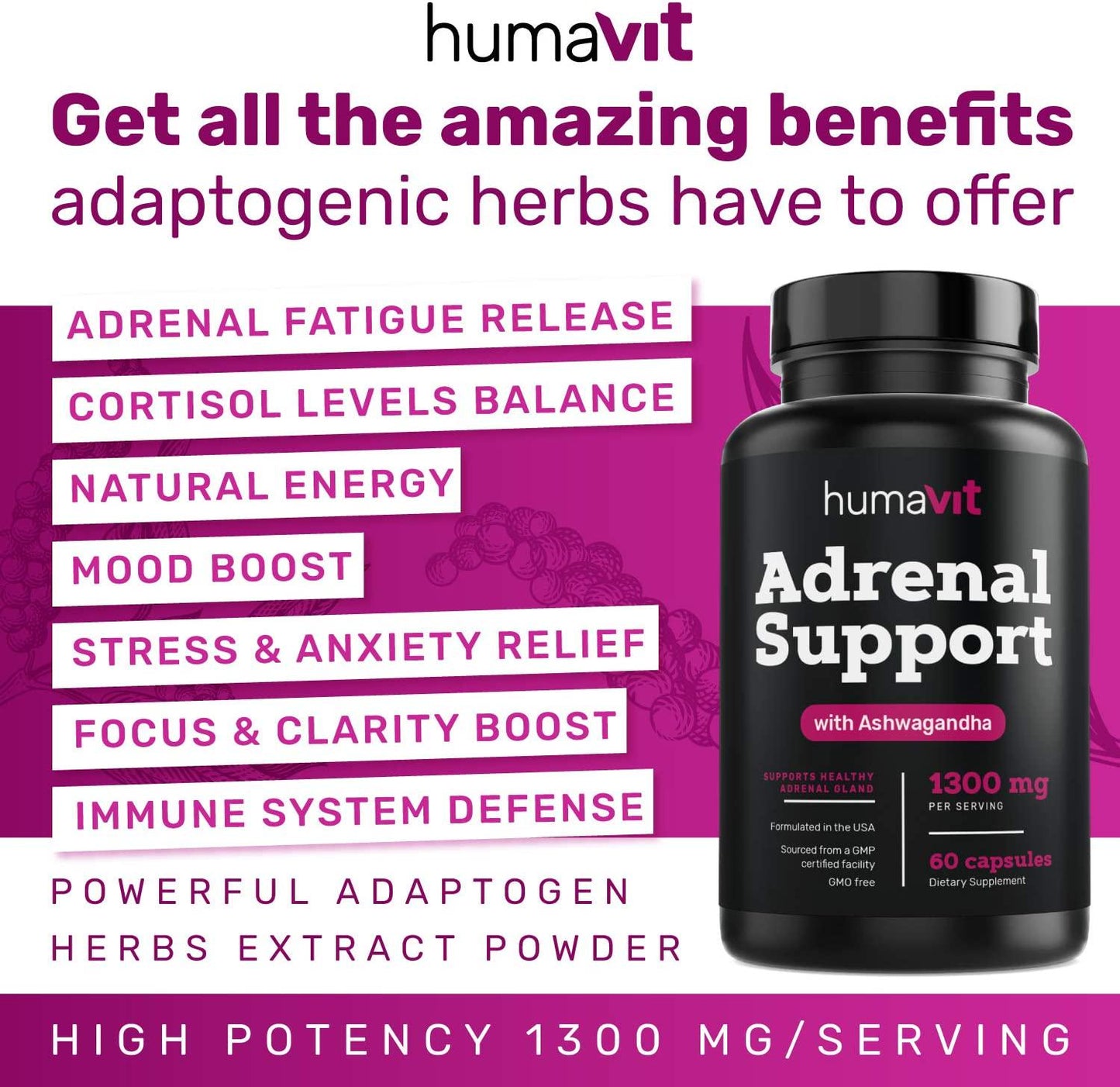 Adrenal Support and Cortisol Manager for Adrenal Fatigue, Stress Relief, Anxiety, Focus, Brain Fog with Ashwagandha Rhodiola Rosea, Ginseng, L-Tyrosine and More Adaptogen Blend 60 Non GMO Capsules