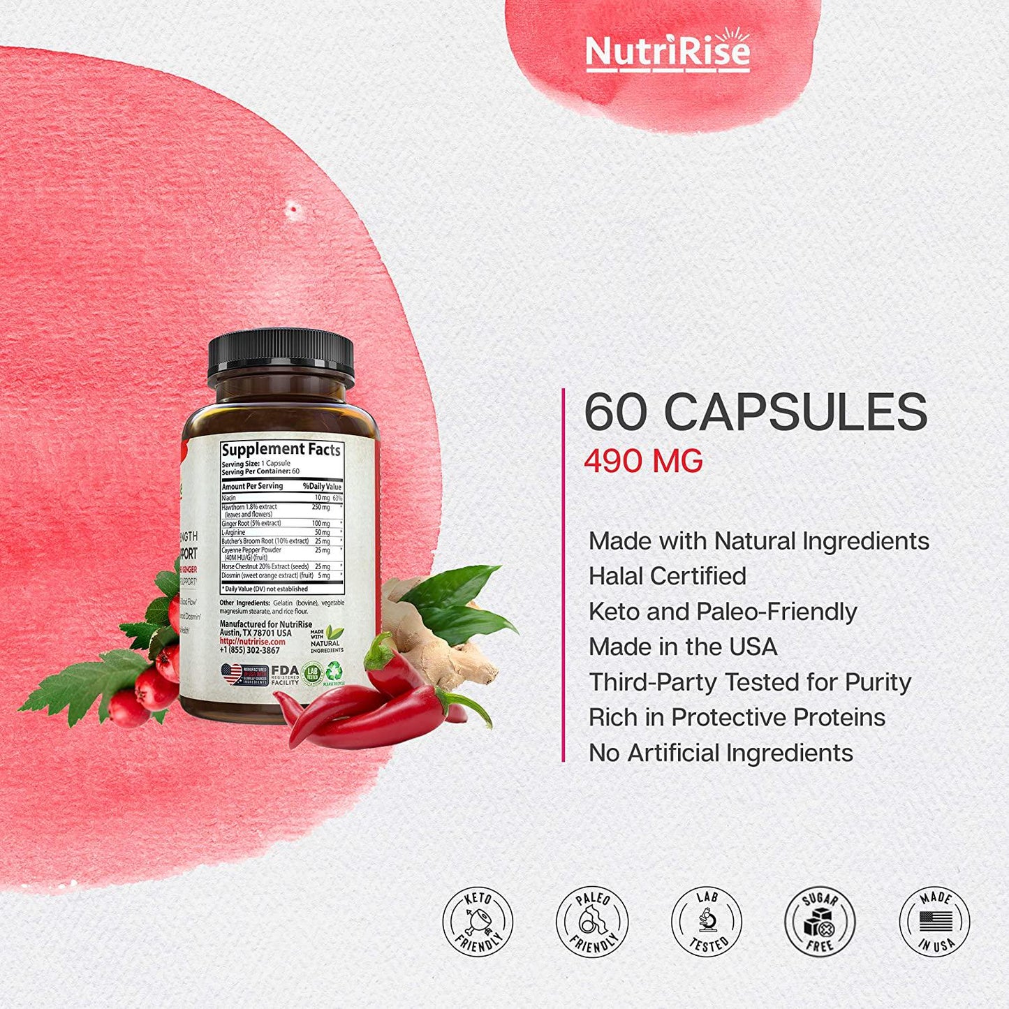 Advanced Circulation Supplement - Blood Pressure, Joint Pain Support and Bloating Relief Pills - Nitric Oxide Booster for Men and Women with L-Arginine and Cayenne Pepper Capsules