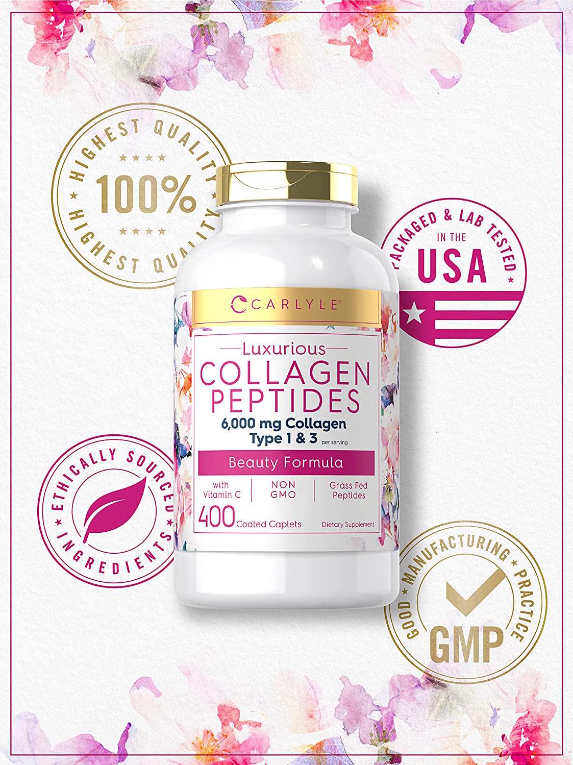 Advanced Collagen Peptides | 400 Caplets | 6000mg, Grass Fed, with Vitamin C Type 1 and 3 | Non-GMO, Gluten Free Supplement | Hair, Skin and Nails Pills by Carlyle