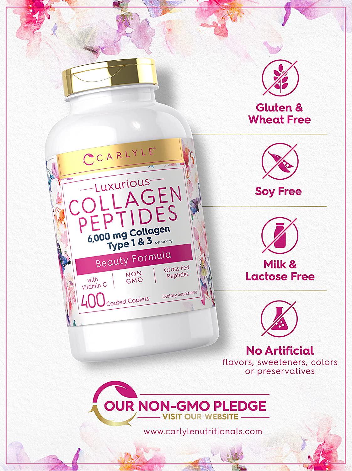 Advanced Collagen Peptides | 400 Caplets | 6000mg, Grass Fed, with Vitamin C Type 1 and 3 | Non-GMO, Gluten Free Supplement | Hair, Skin and Nails Pills by Carlyle