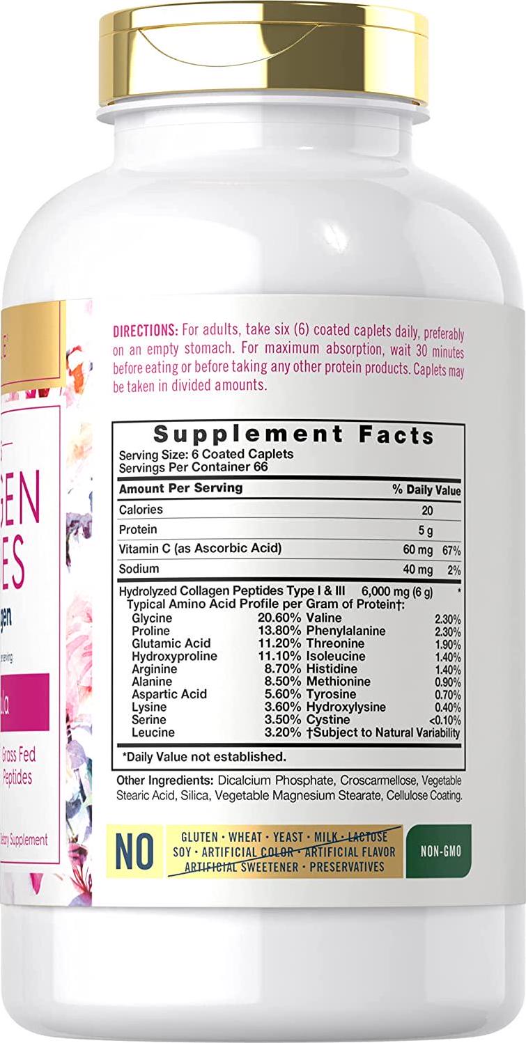 Advanced Collagen Peptides | 400 Caplets | 6000mg, Grass Fed, with Vitamin C Type 1 and 3 | Non-GMO, Gluten Free Supplement | Hair, Skin and Nails Pills by Carlyle