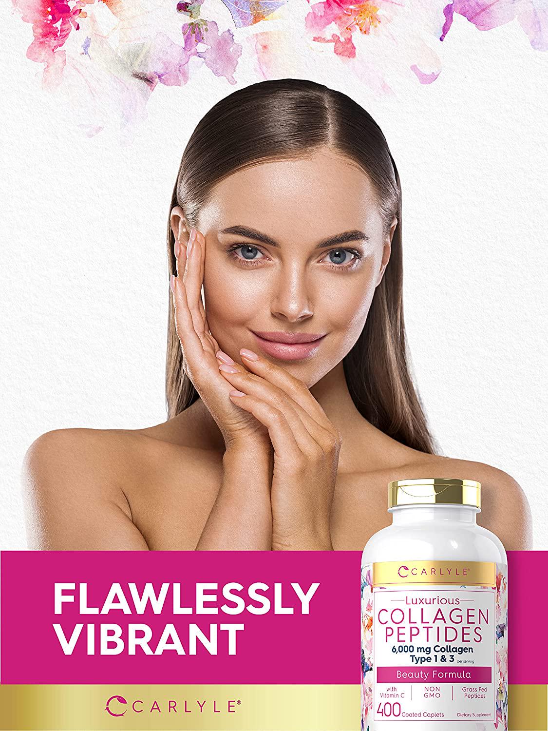 Advanced Collagen Peptides | 400 Caplets | 6000mg, Grass Fed, with Vitamin C Type 1 and 3 | Non-GMO, Gluten Free Supplement | Hair, Skin and Nails Pills by Carlyle