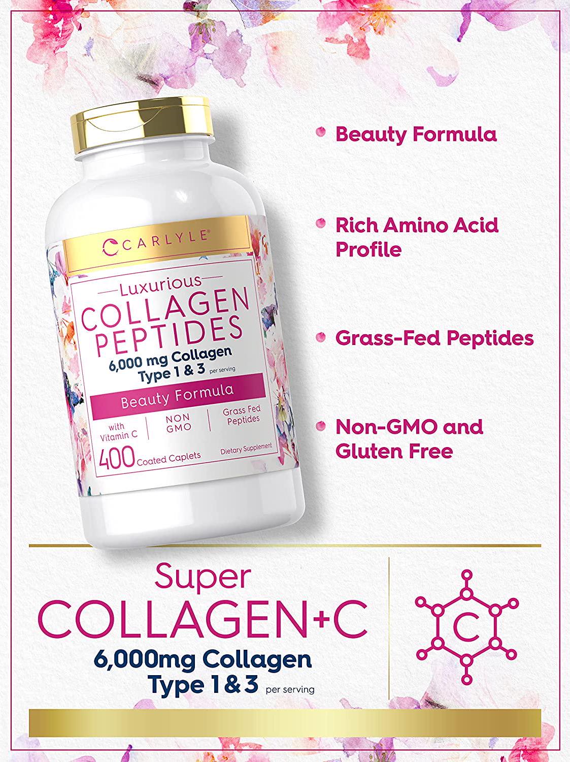 Advanced Collagen Peptides | 400 Caplets | 6000mg, Grass Fed, with Vitamin C Type 1 and 3 | Non-GMO, Gluten Free Supplement | Hair, Skin and Nails Pills by Carlyle