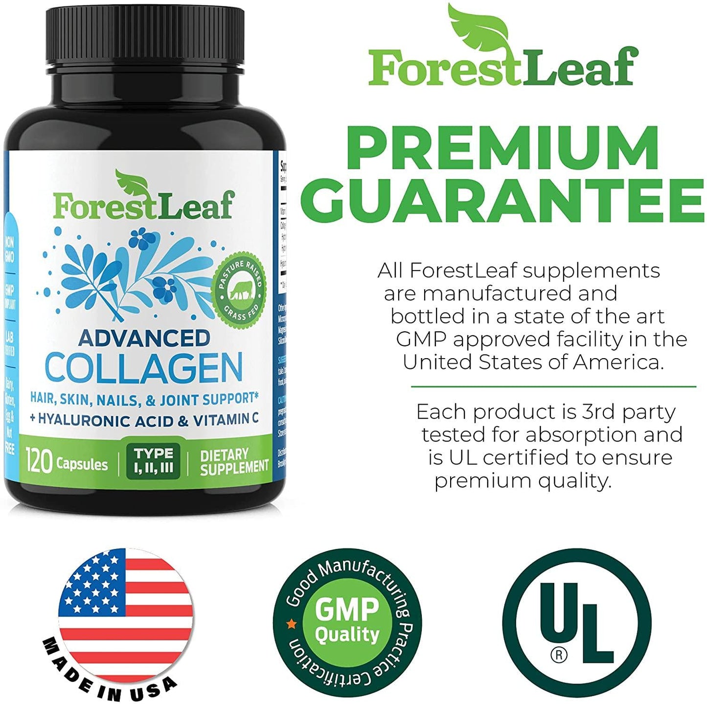 Advanced Collagen Supplement, Type 1, 2 and 3 with Hyaluronic Acid and Vitamin C - Anti Aging Joint Formula - Boosts Hair, Nails and Skin Health - 120 Veggie Capsules - by ForestLeaf