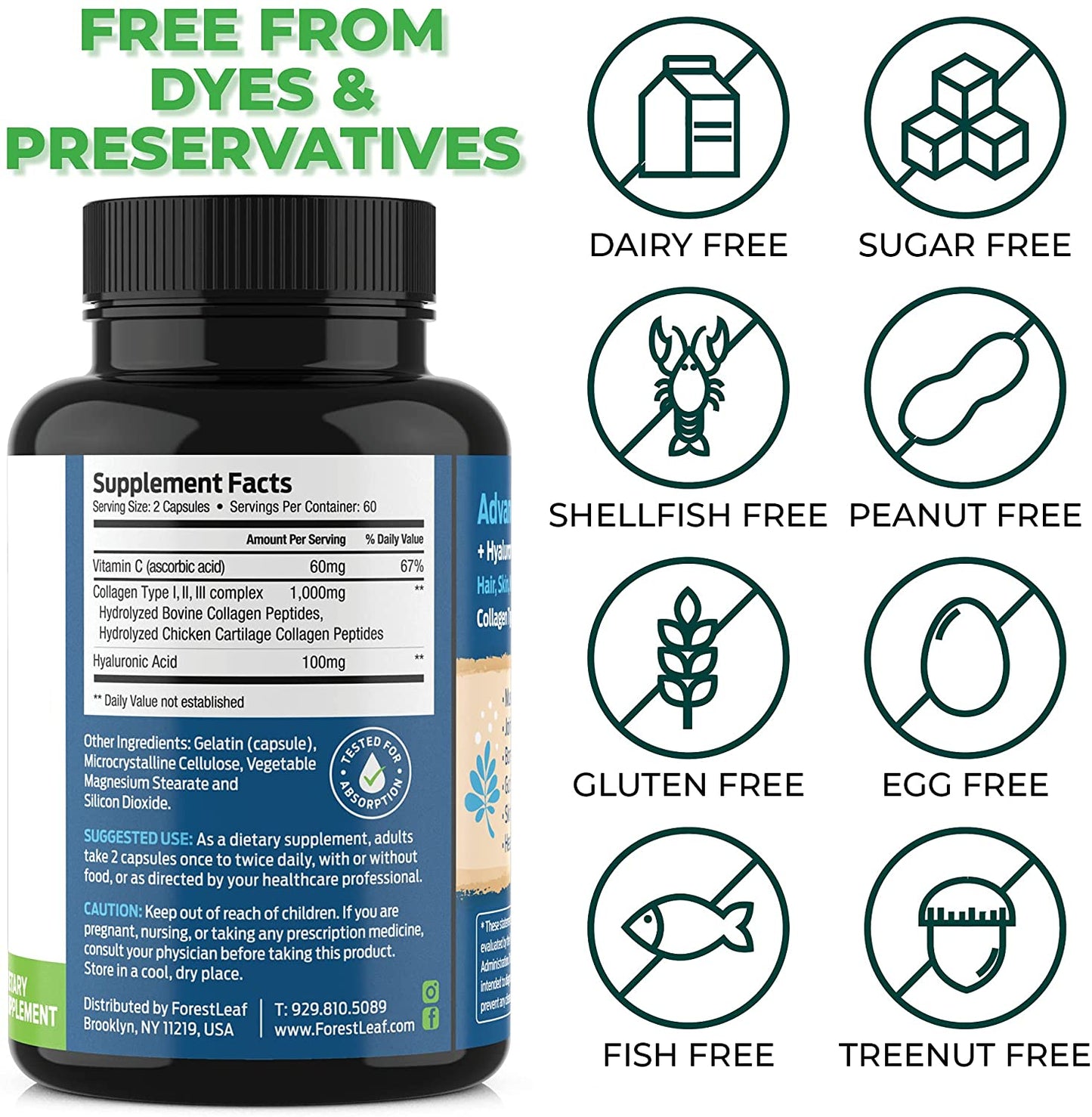 Advanced Collagen Supplement, Type 1, 2 and 3 with Hyaluronic Acid and Vitamin C - Anti Aging Joint Formula - Boosts Hair, Nails and Skin Health - 240 Veggie Capsules - by ForestLeaf