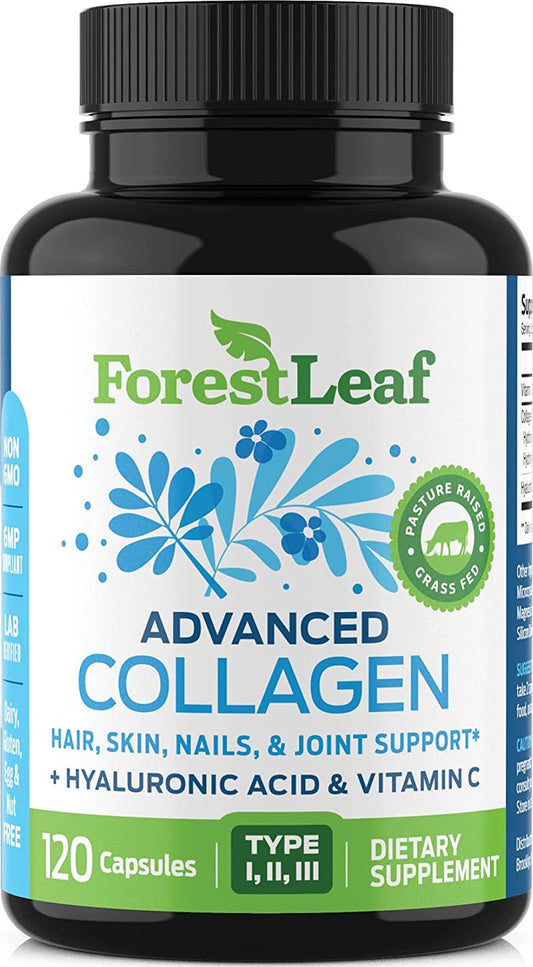 Advanced Collagen Supplement, Type 1, 2 and 3 with Hyaluronic Acid and Vitamin C - Anti Aging Joint Formula - Boosts Hair, Nails and Skin Health - 120 Veggie Capsules - by ForestLeaf