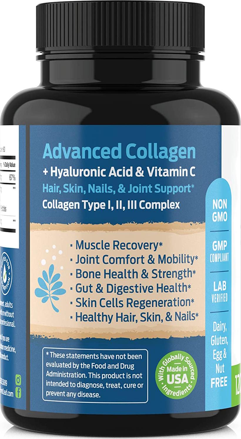 Advanced Collagen Supplement, Type 1, 2 and 3 with Hyaluronic Acid and Vitamin C - Anti Aging Joint Formula - Boosts Hair, Nails and Skin Health - 120 Veggie Capsules - by ForestLeaf