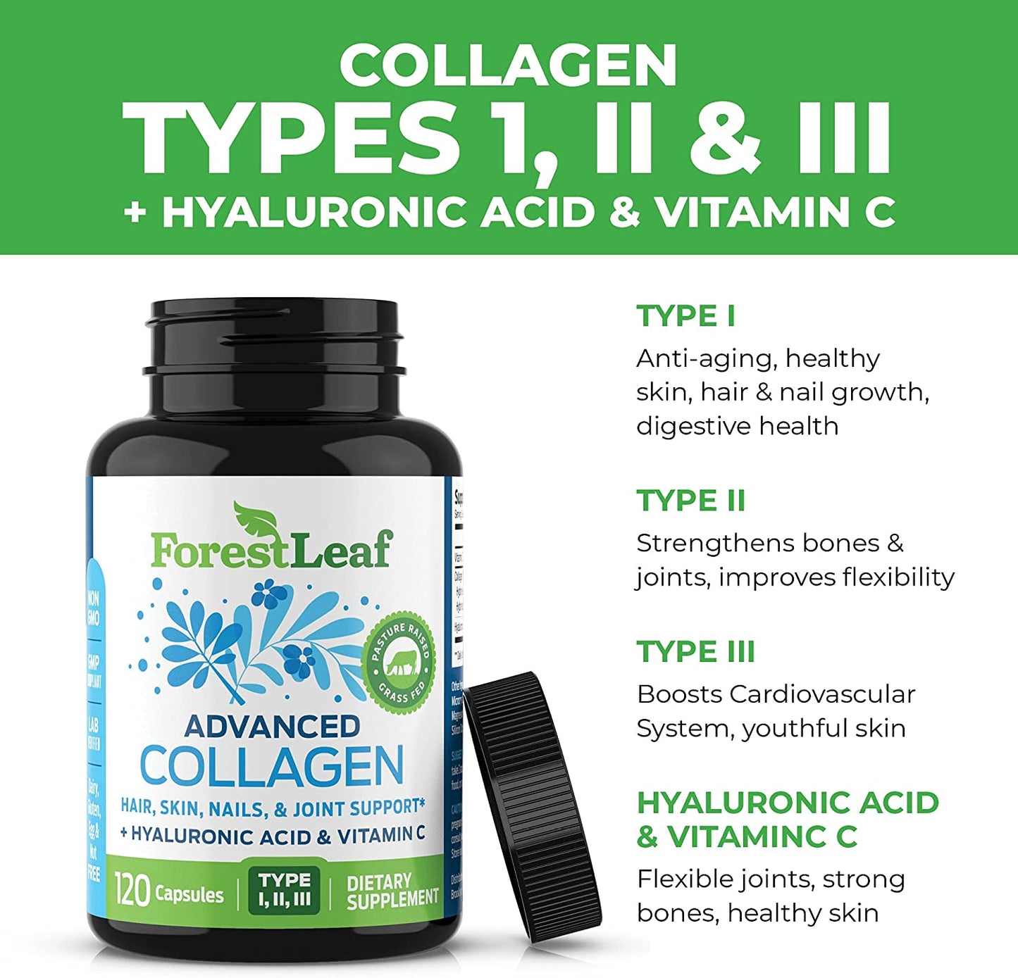 Advanced Collagen Supplement, Type 1, 2 and 3 with Hyaluronic Acid and Vitamin C - Anti Aging Joint Formula - Boosts Hair, Nails and Skin Health - 240 Veggie Capsules - by ForestLeaf