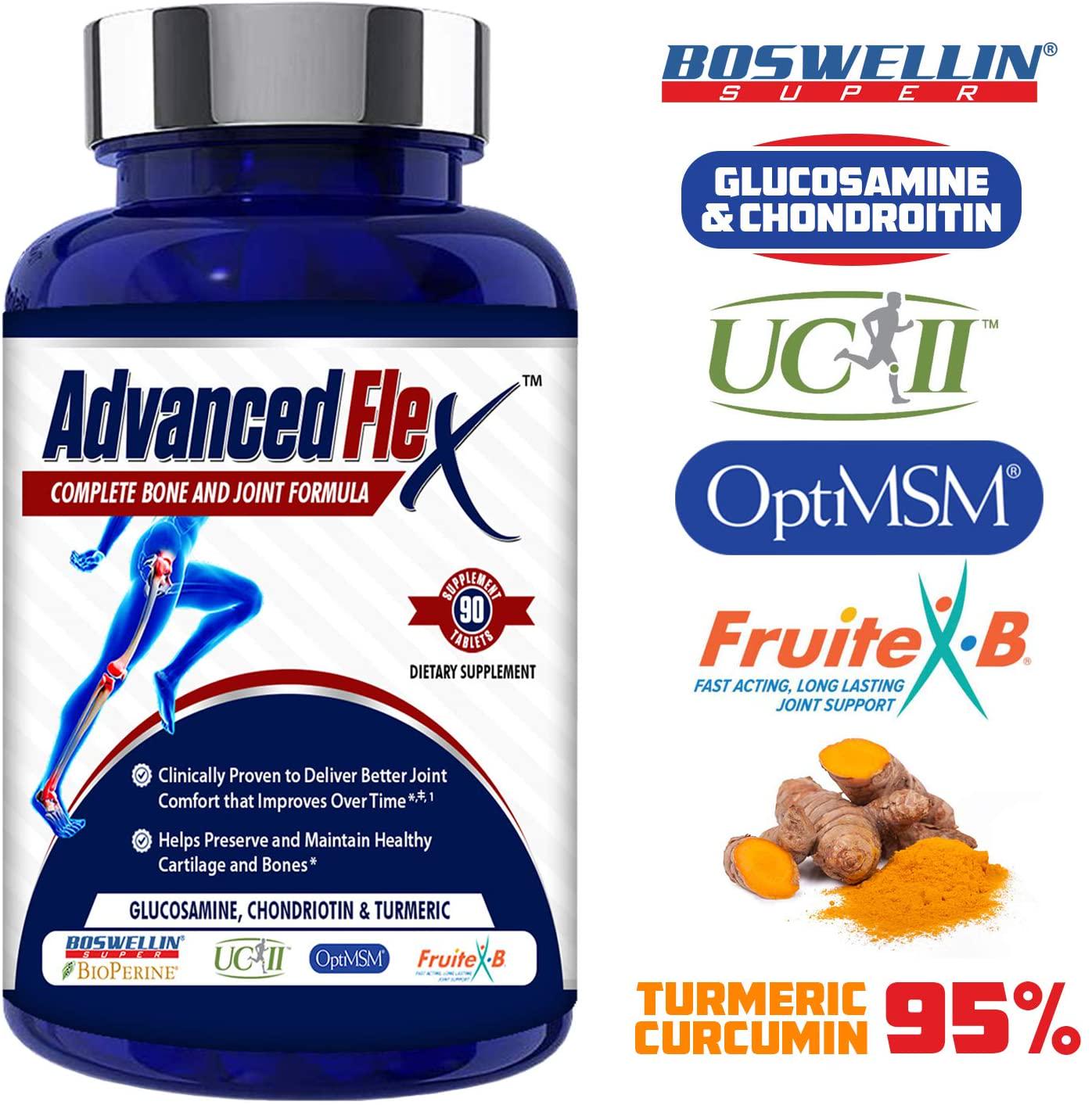 Advanced Flex Clinical Strength Joint Supplement with Vitamin D,UC II, Fruitex-B, and Boswellin Super, Turmeric Curcumin, OptiMSM, Glucosamine, Chondroitin and Hyaluronic Acid, 90 Tablets