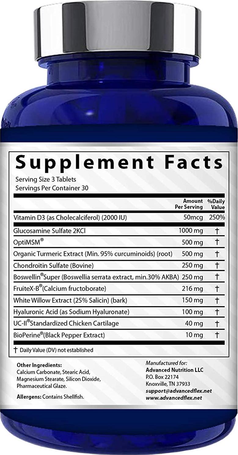 Advanced Flex Clinical Strength Joint Supplement with Vitamin D,UC II, Fruitex-B, and Boswellin Super, Turmeric Curcumin, OptiMSM, Glucosamine, Chondroitin and Hyaluronic Acid, 90 Tablets