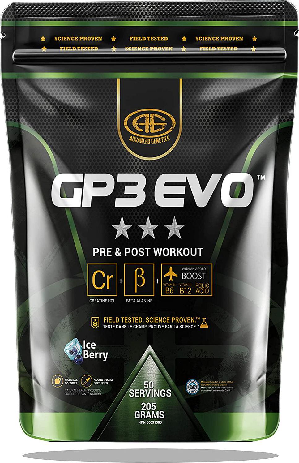 Advanced Genetics GP3 EVO Creatine HCL, Beta-Alanine and B Vitamins, Stimulant Free Pre-Workout, Post-Workout, Ice Berry - 50 Servings - 205 Grams